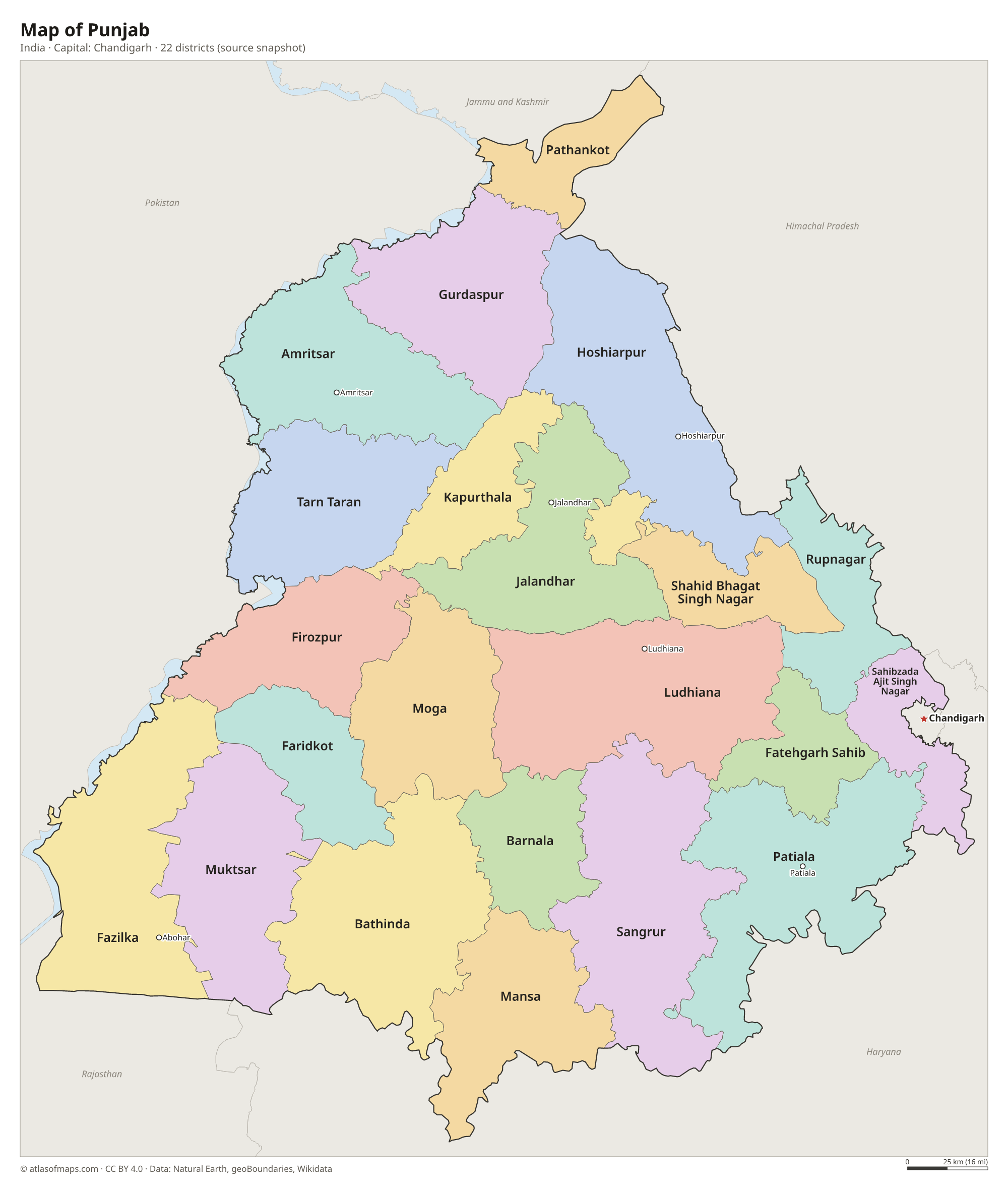Map of Punjab (India) with the capital Chandigarh, cities and districts
