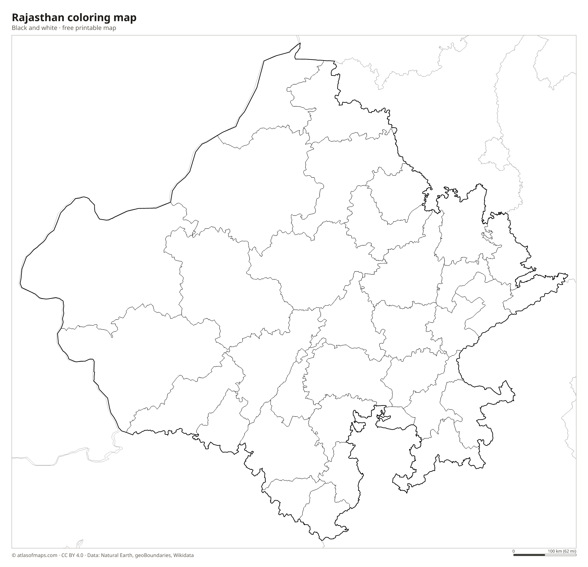 Black-and-white coloring map of Rajasthan