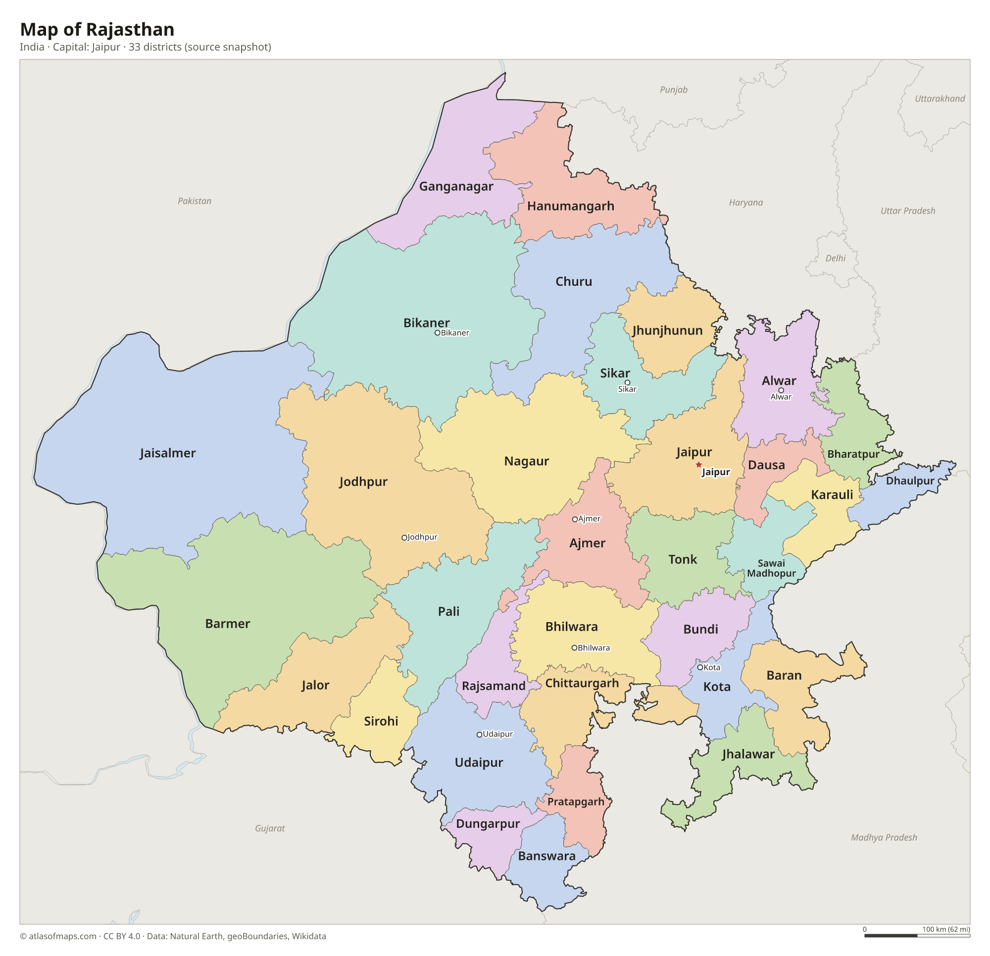 Map of Rajasthan with the capital Jaipur, cities and districts