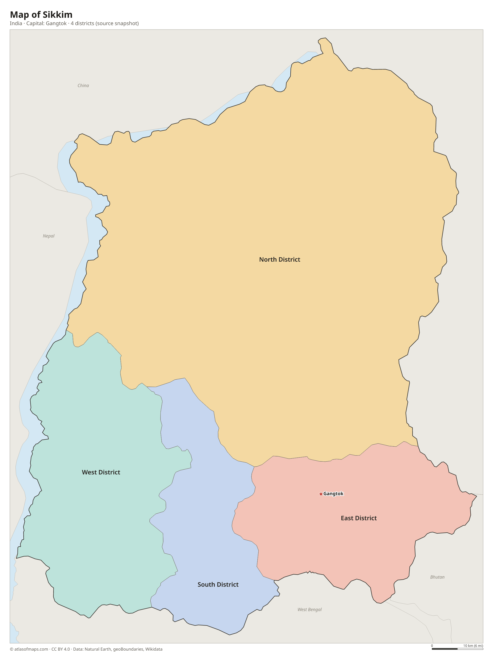 Map of Sikkim with the capital Gangtok, cities and districts