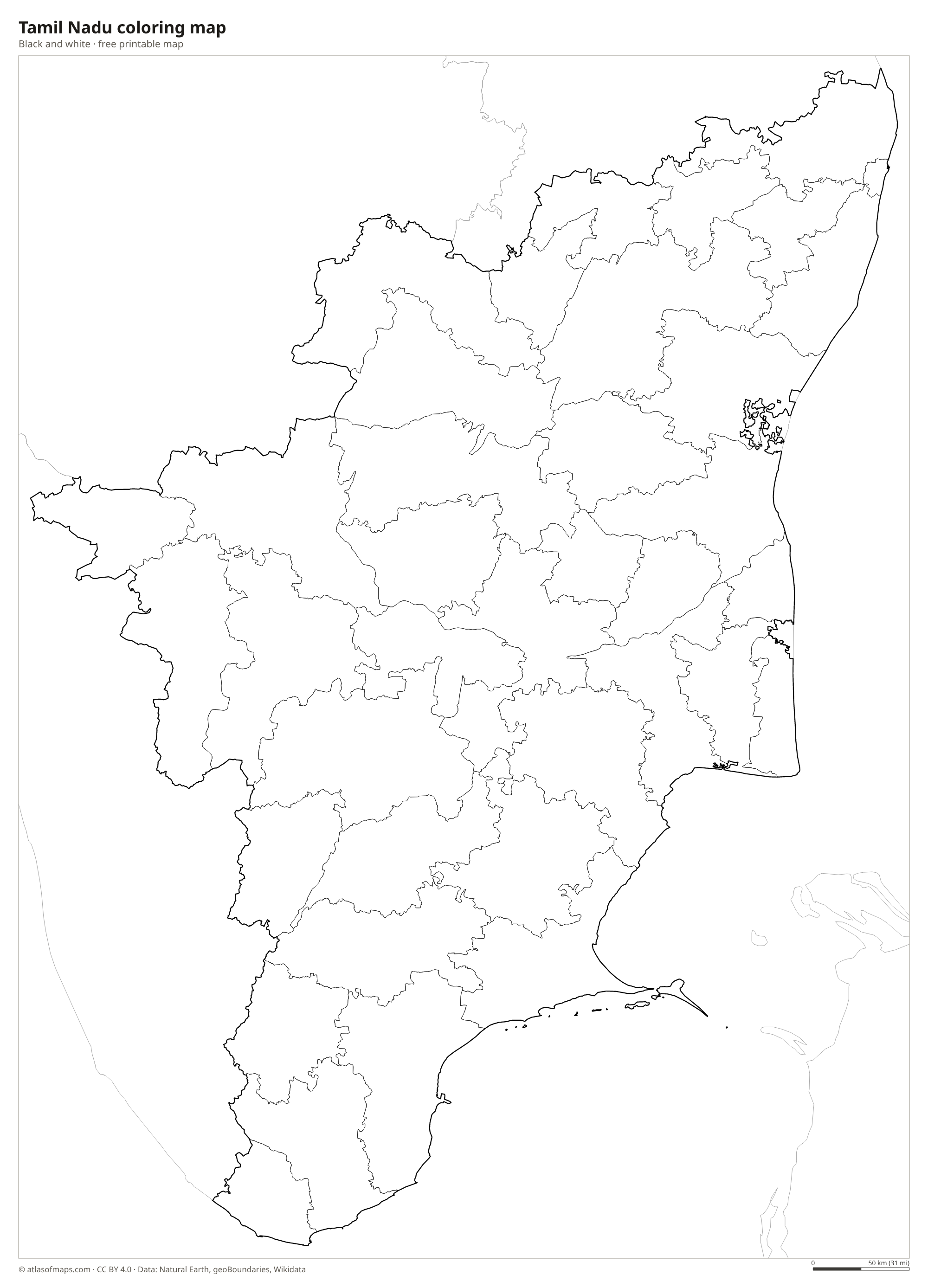 Black-and-white coloring map of Tamil Nadu