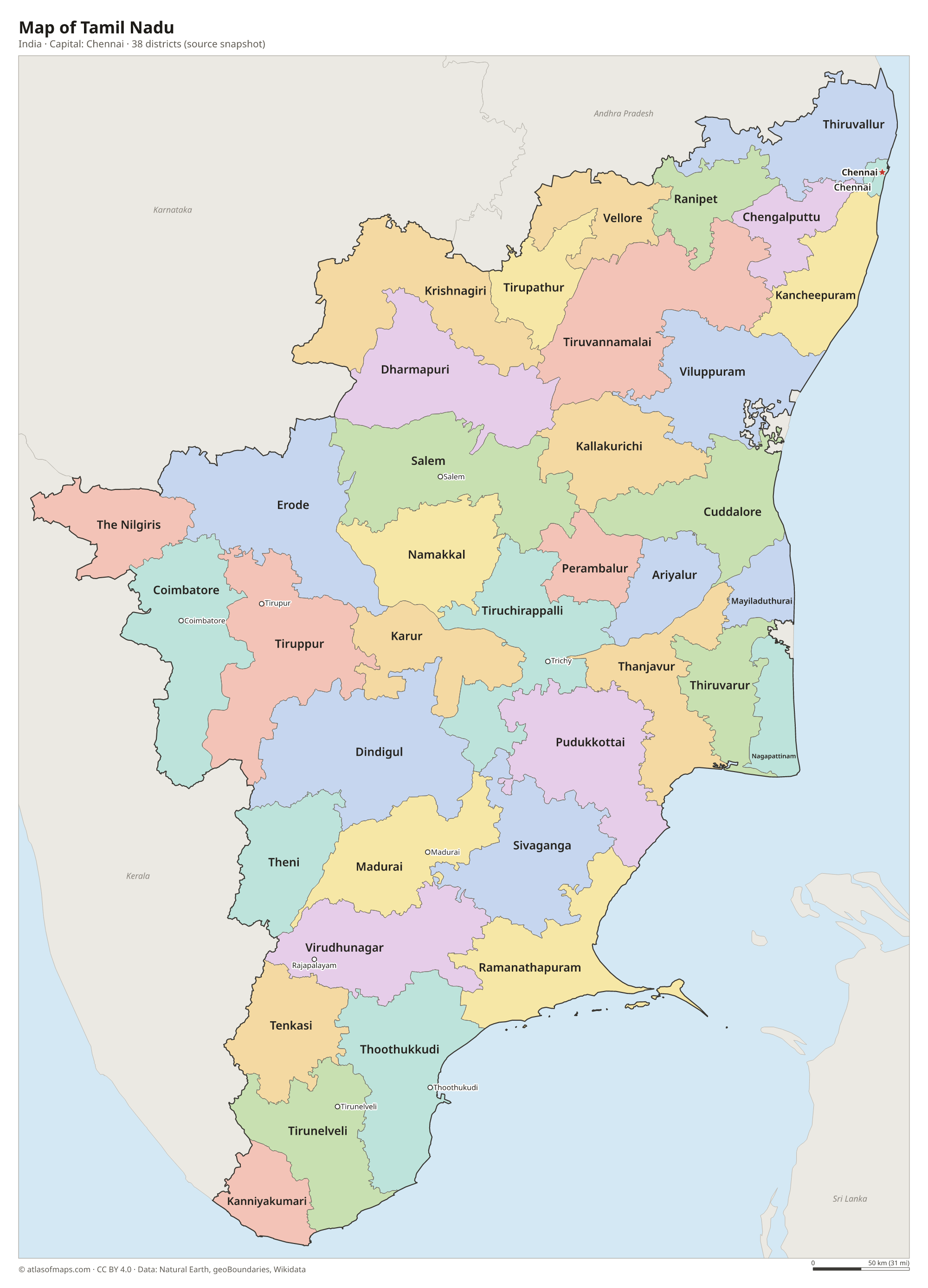 Map of Tamil Nadu with the capital Chennai, cities and districts