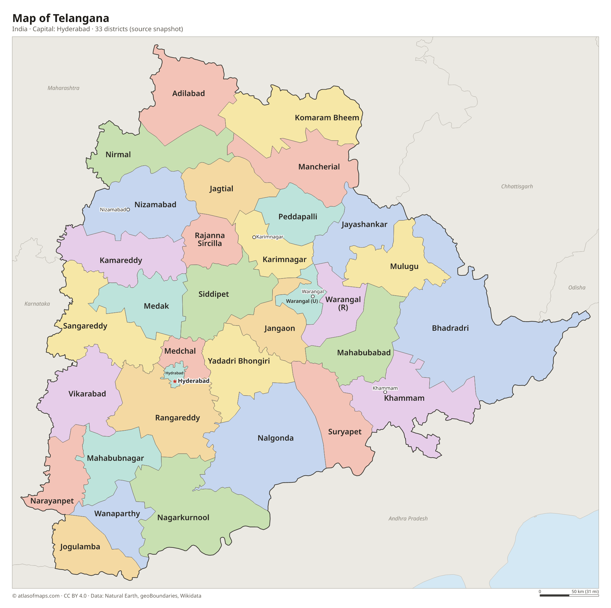 Map of Telangana with the capital Hyderabad, cities and districts
