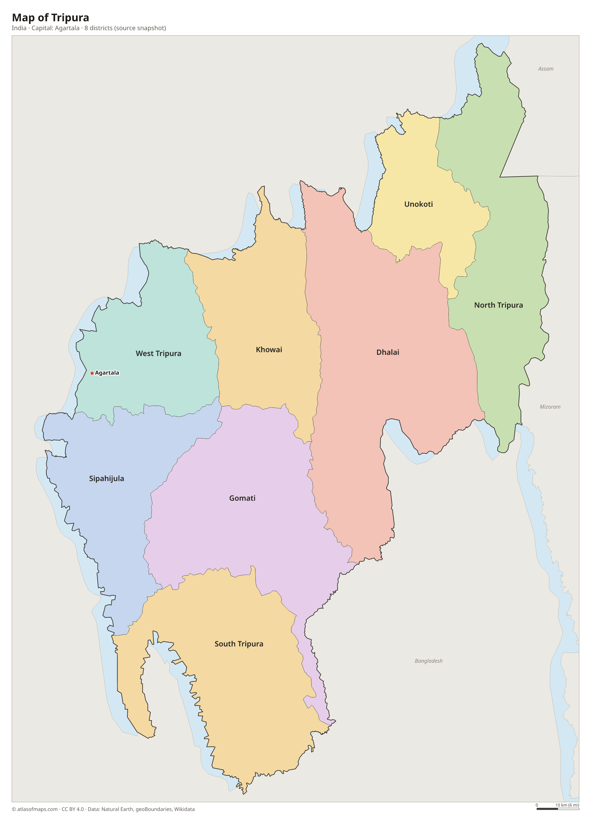 Map of Tripura with the capital Agartala, cities and districts