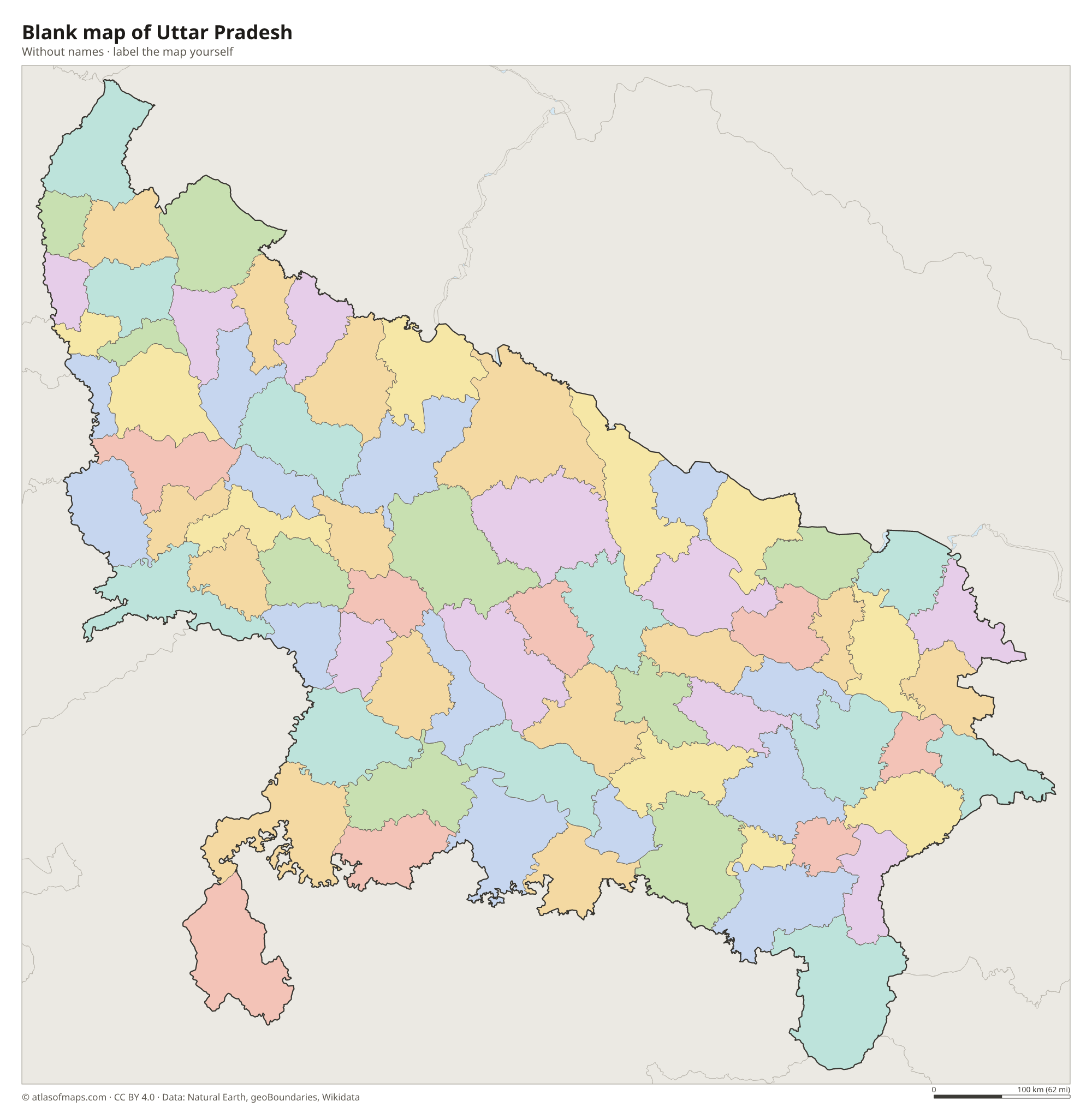 Blank map of Uttar Pradesh without names