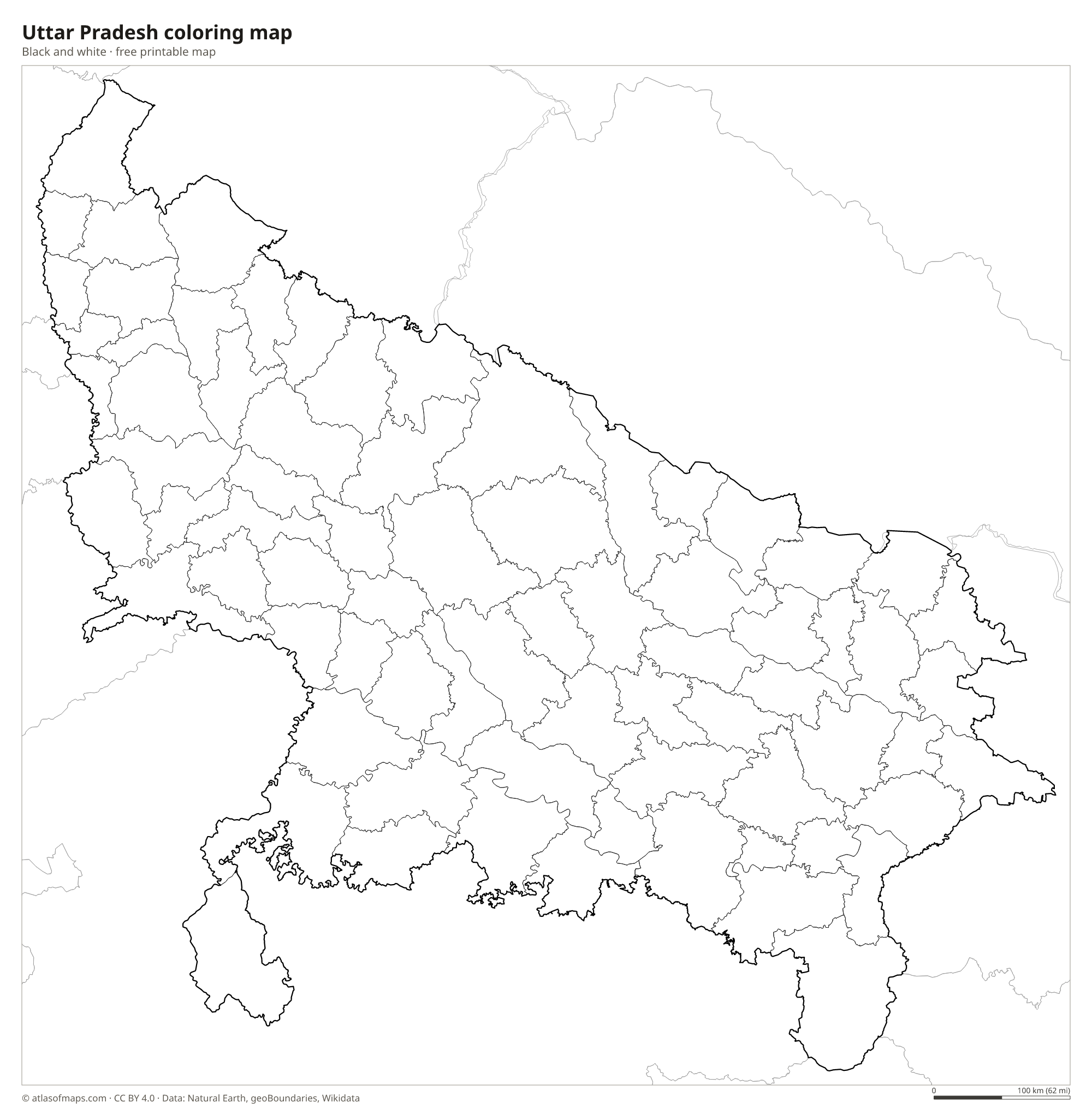 Black-and-white coloring map of Uttar Pradesh