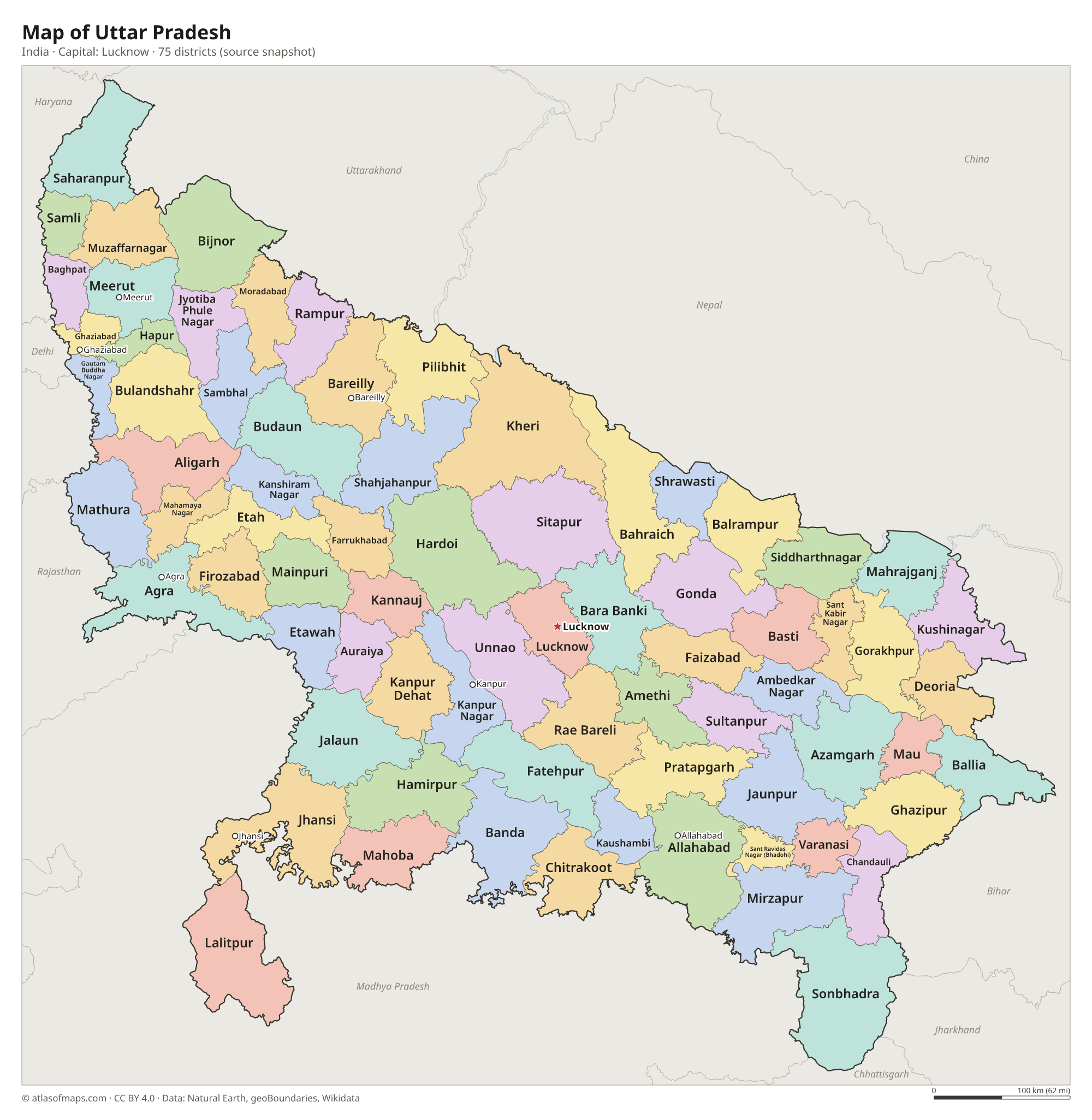Map of Uttar Pradesh with the capital Lucknow, cities and districts