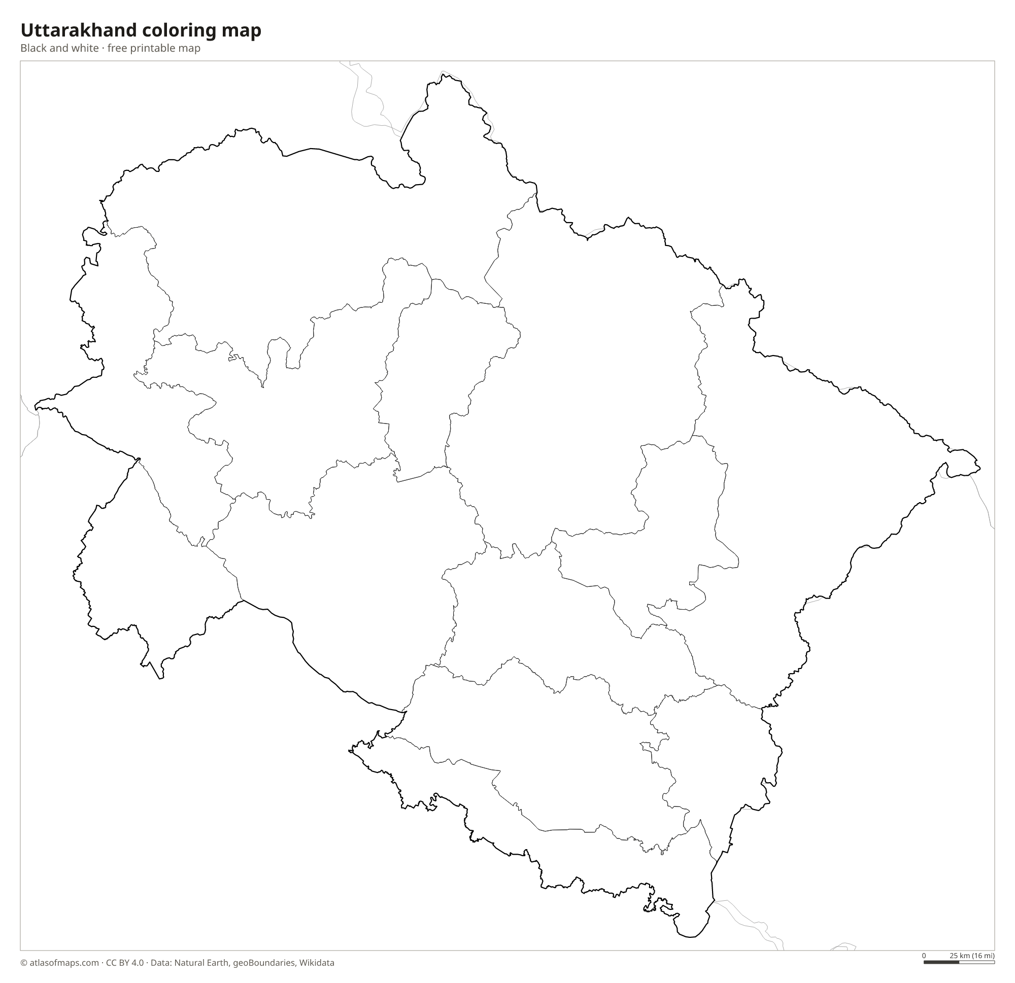 Black-and-white coloring map of Uttarakhand
