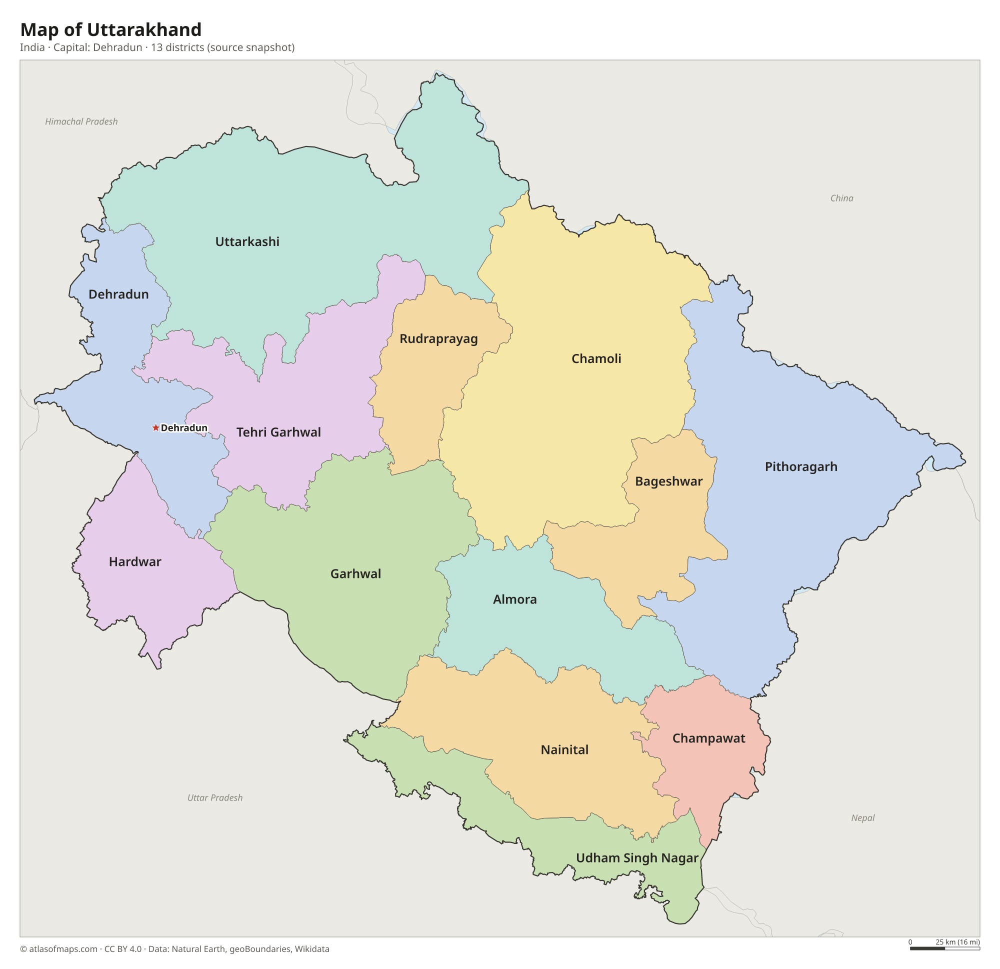 Map of Uttarakhand with the capital Dehradun, cities and districts