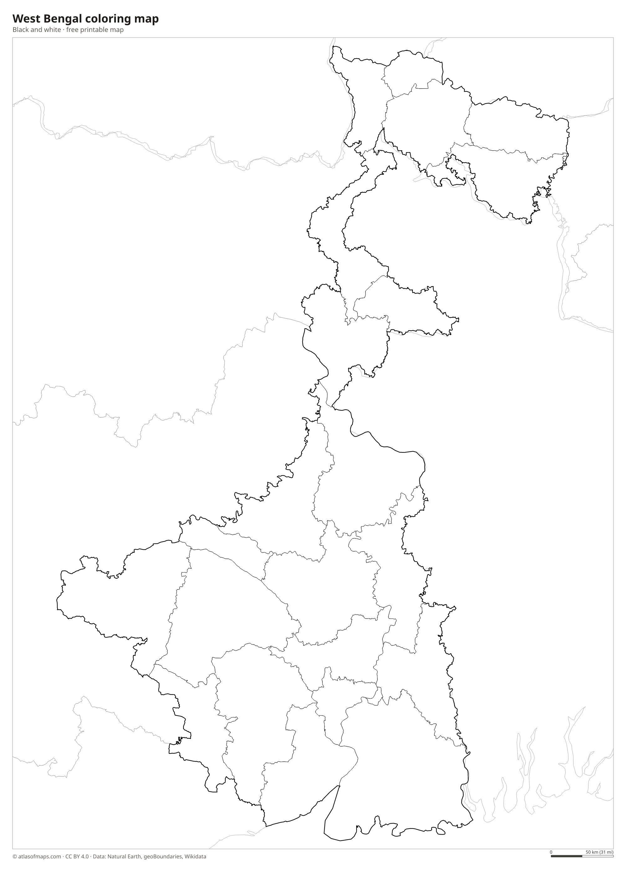 Black-and-white coloring map of West Bengal