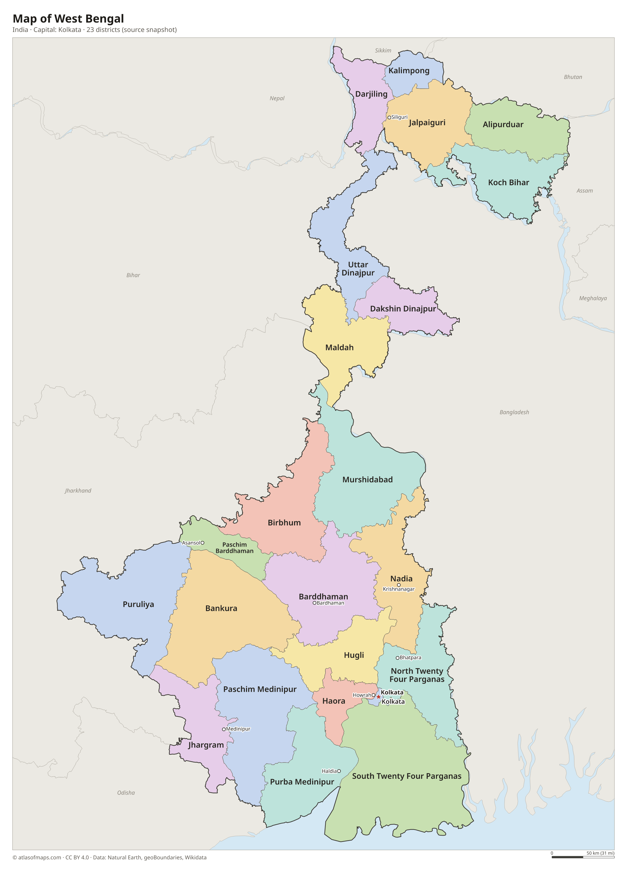 Map of West Bengal with the capital Kolkata, cities and districts