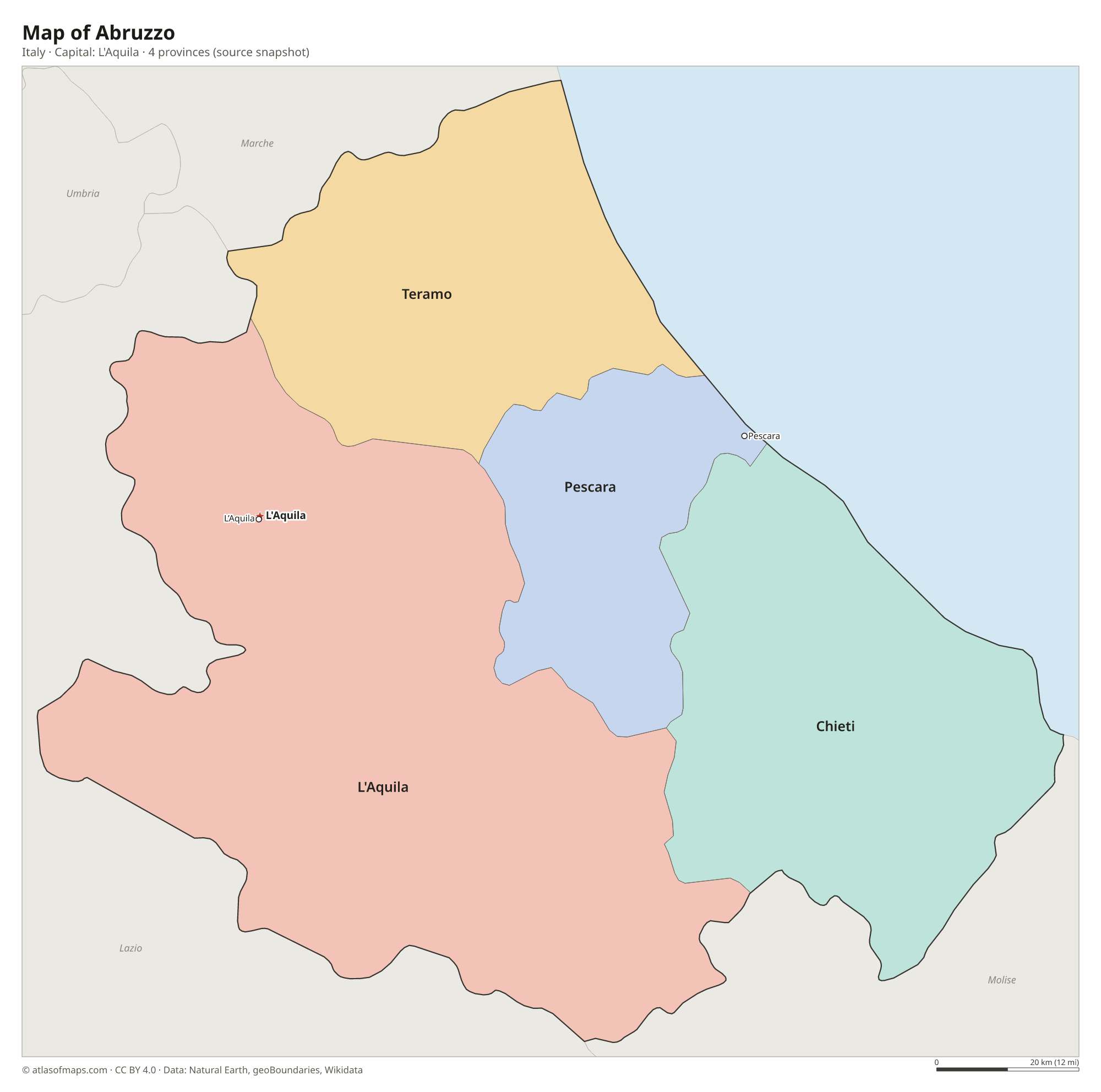 Map of Abruzzo with the capital L'Aquila, cities and provinces
