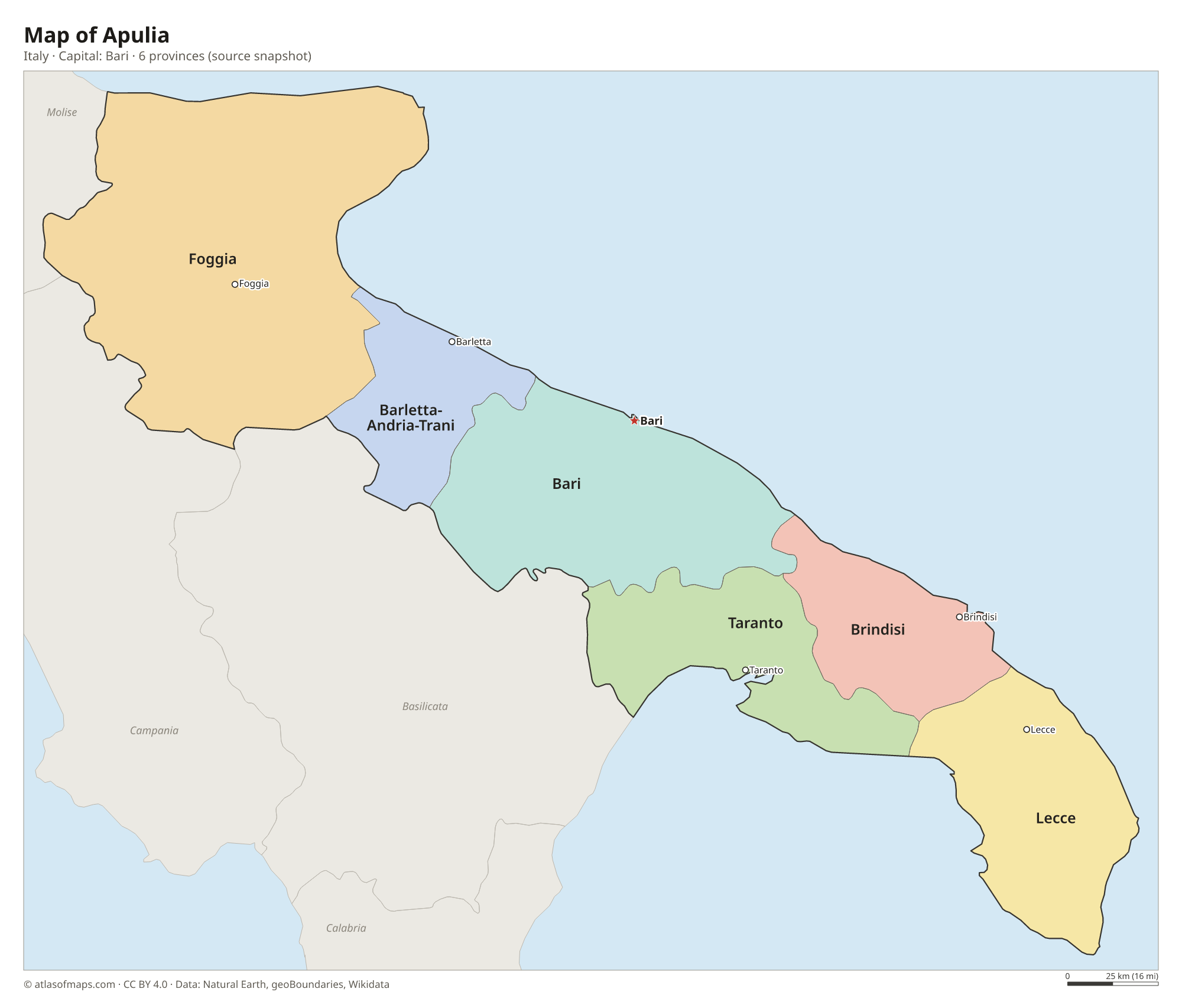 Map of Apulia with the capital Bari, cities and provinces