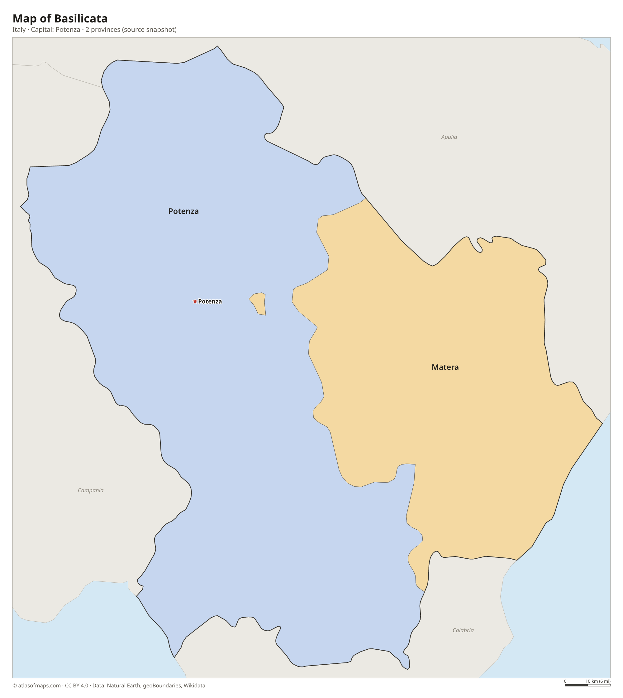 Map of Basilicata with the capital Potenza, cities and provinces