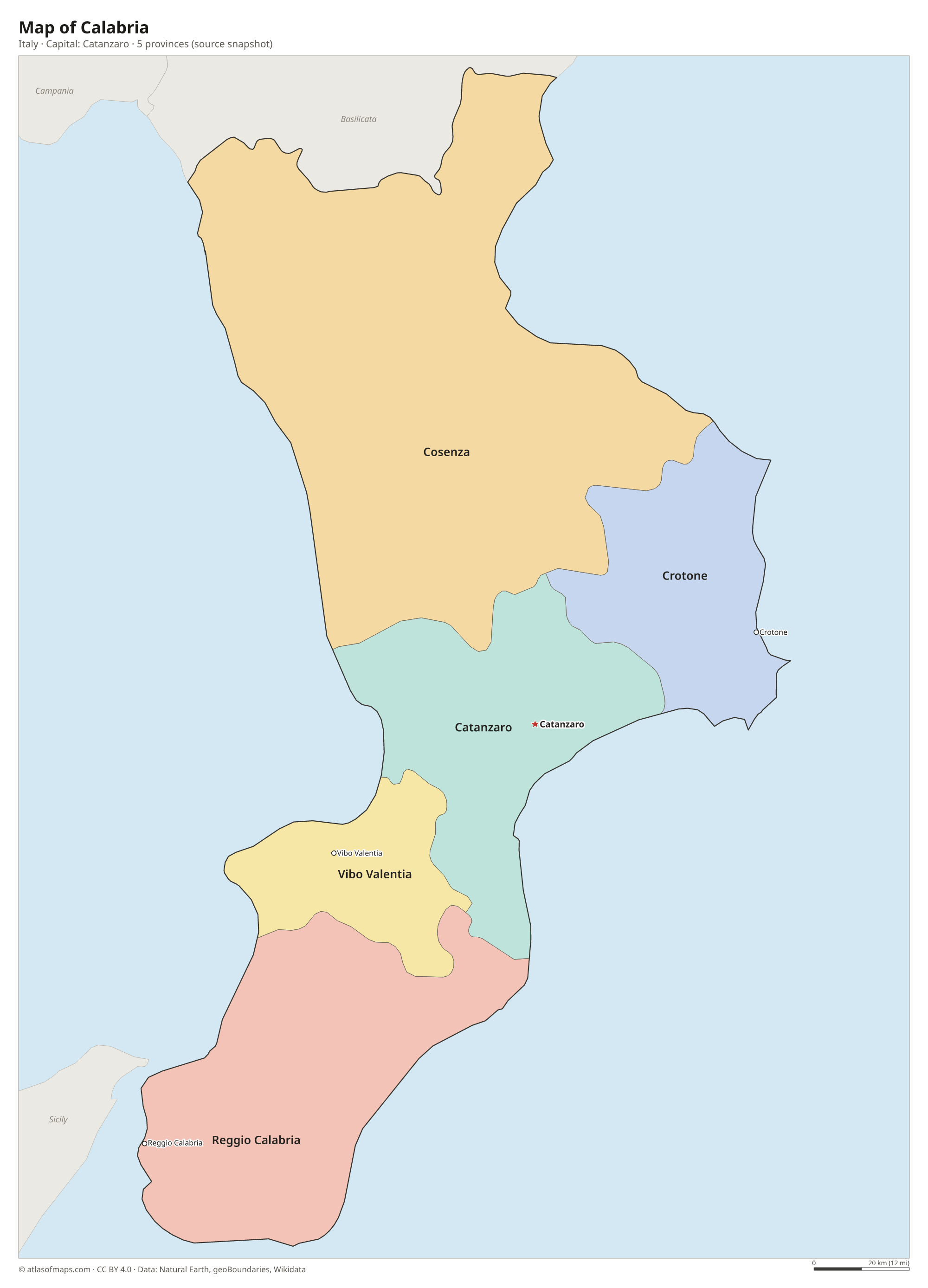 Map of Calabria with the capital Catanzaro, cities and provinces