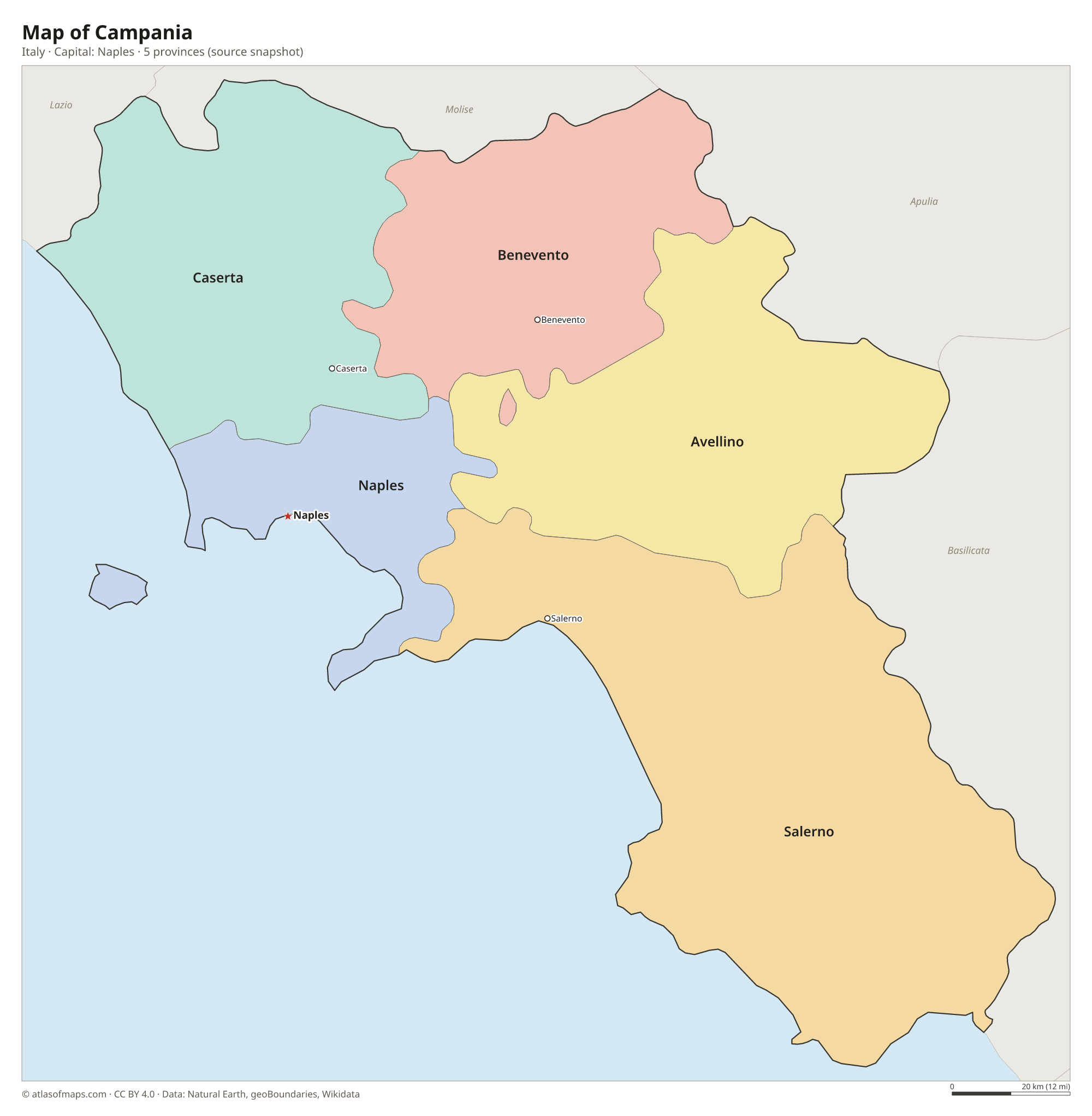 Map of Campania with the capital Naples, cities and provinces