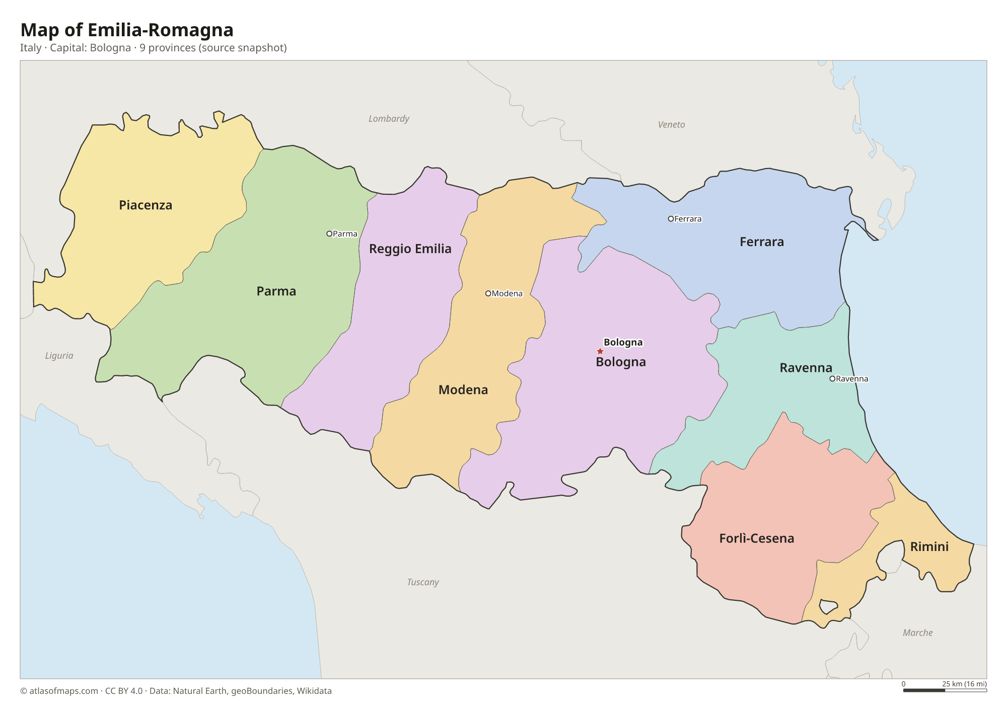 Map of Emilia-Romagna with the capital Bologna, cities and provinces