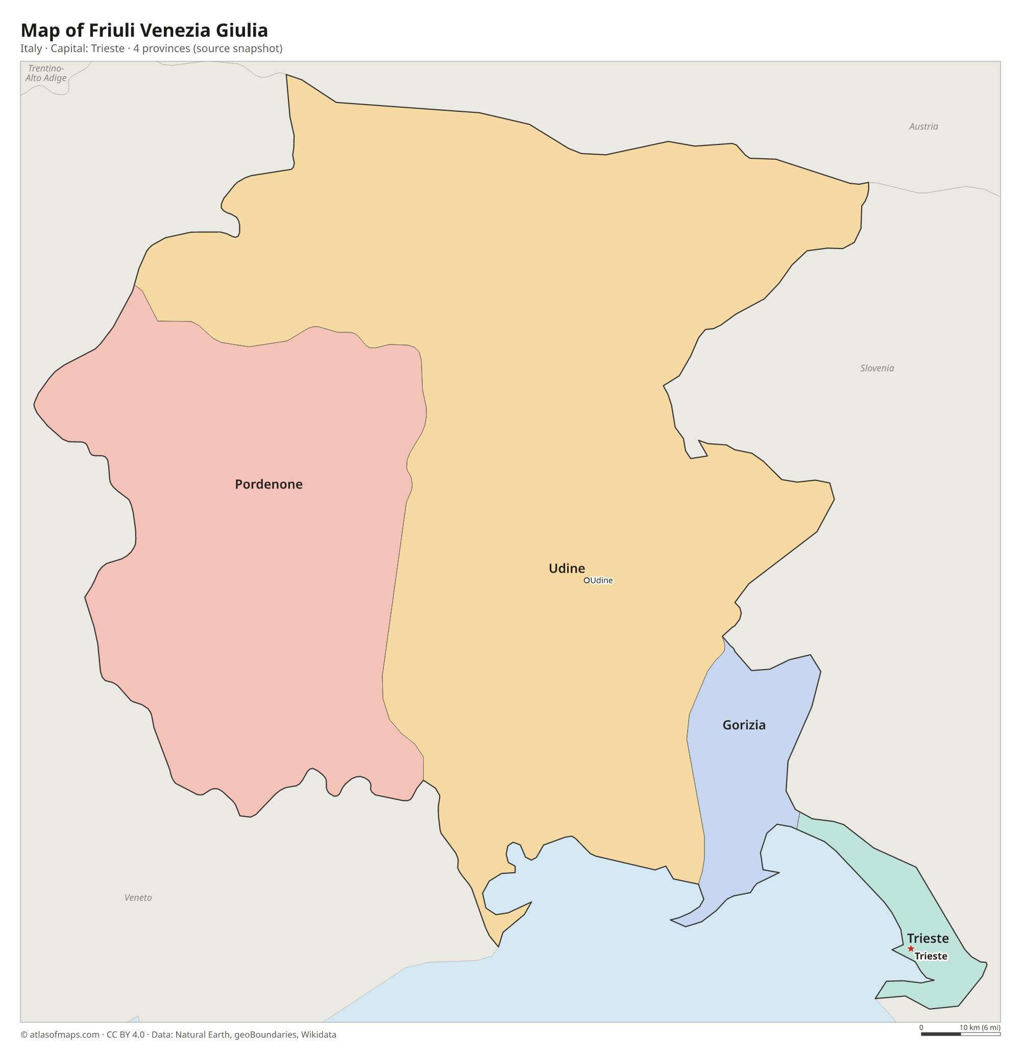Map of Friuli Venezia Giulia with the capital Trieste, cities and provinces