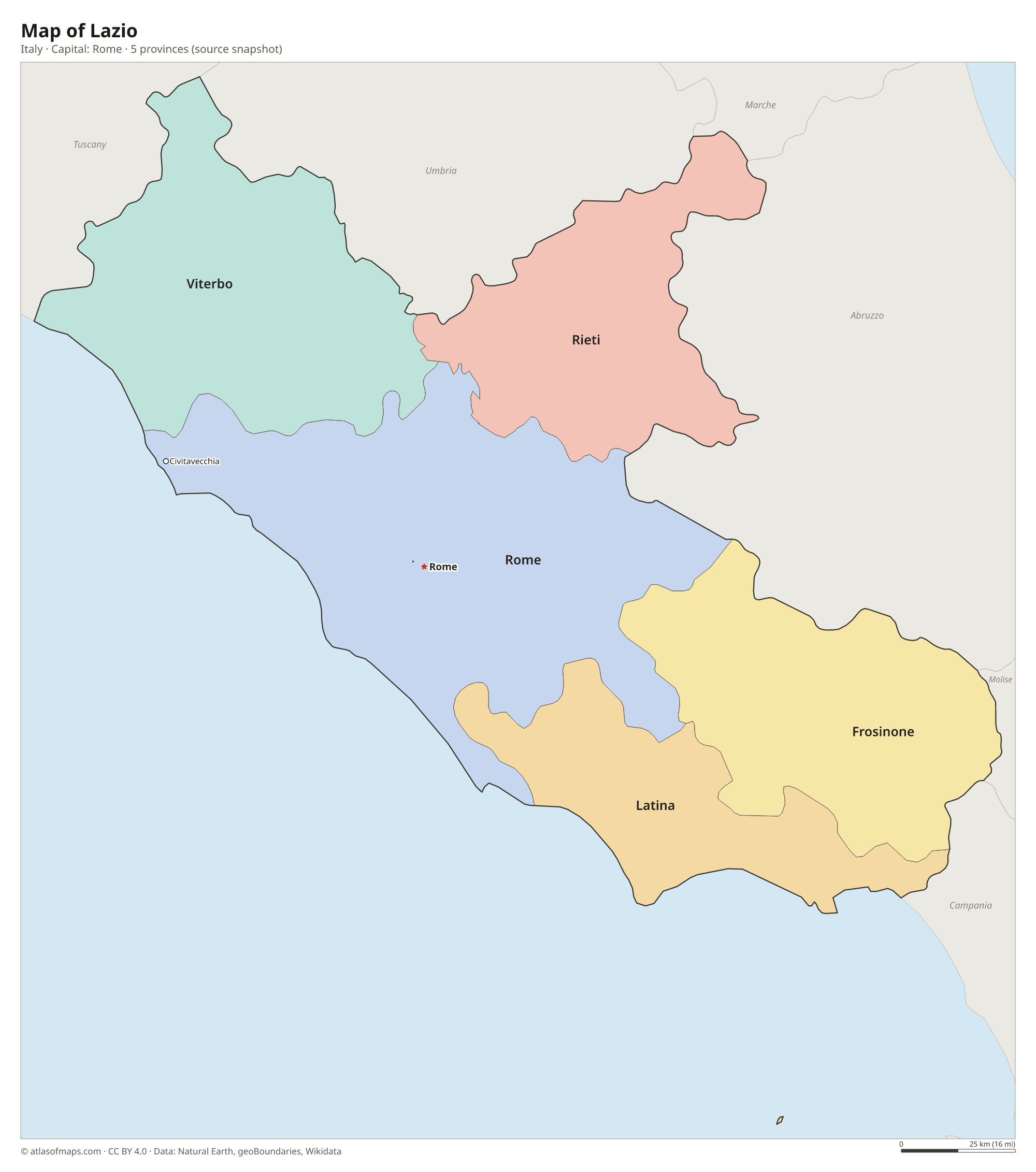 Map of Lazio with the capital Rome, cities and provinces