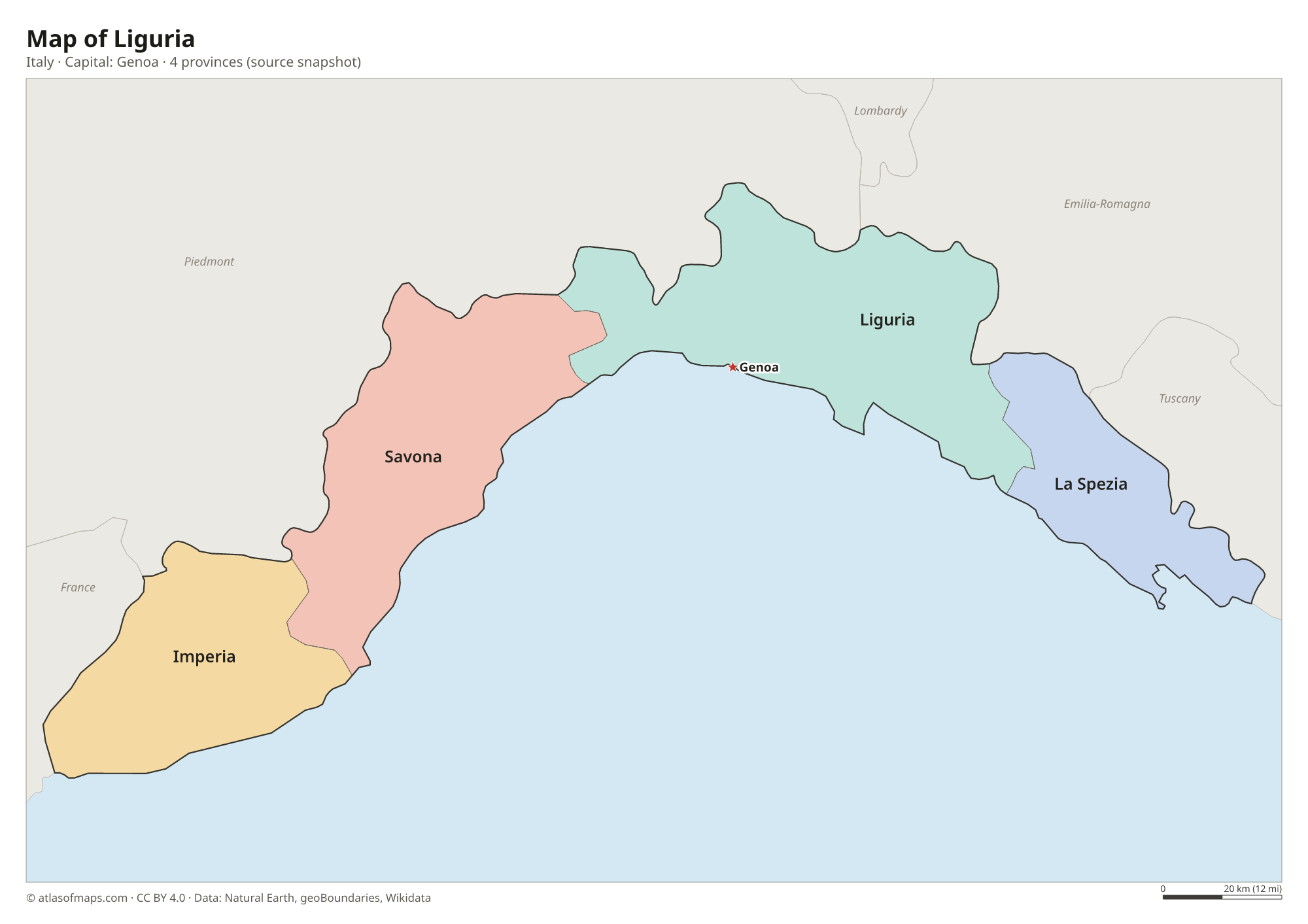 Map of Liguria with the capital Genoa, cities and provinces