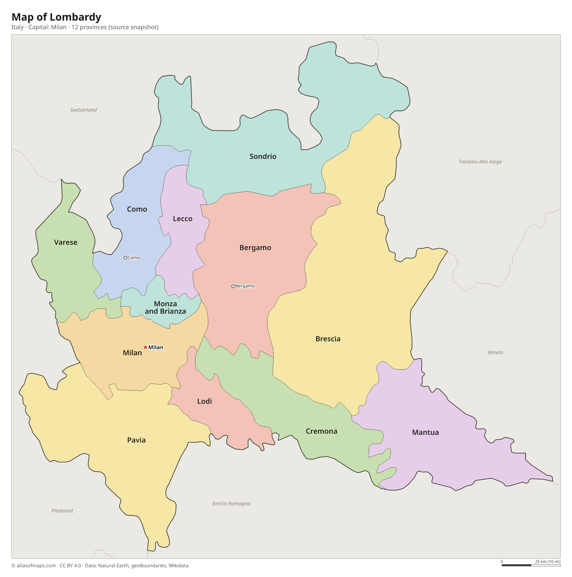 Map of Lombardy with the capital Milan, cities and provinces