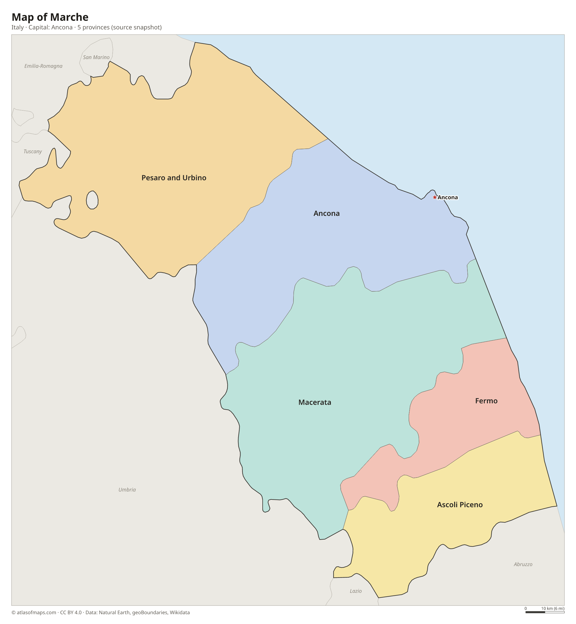 Map of Marche with the capital Ancona, cities and provinces