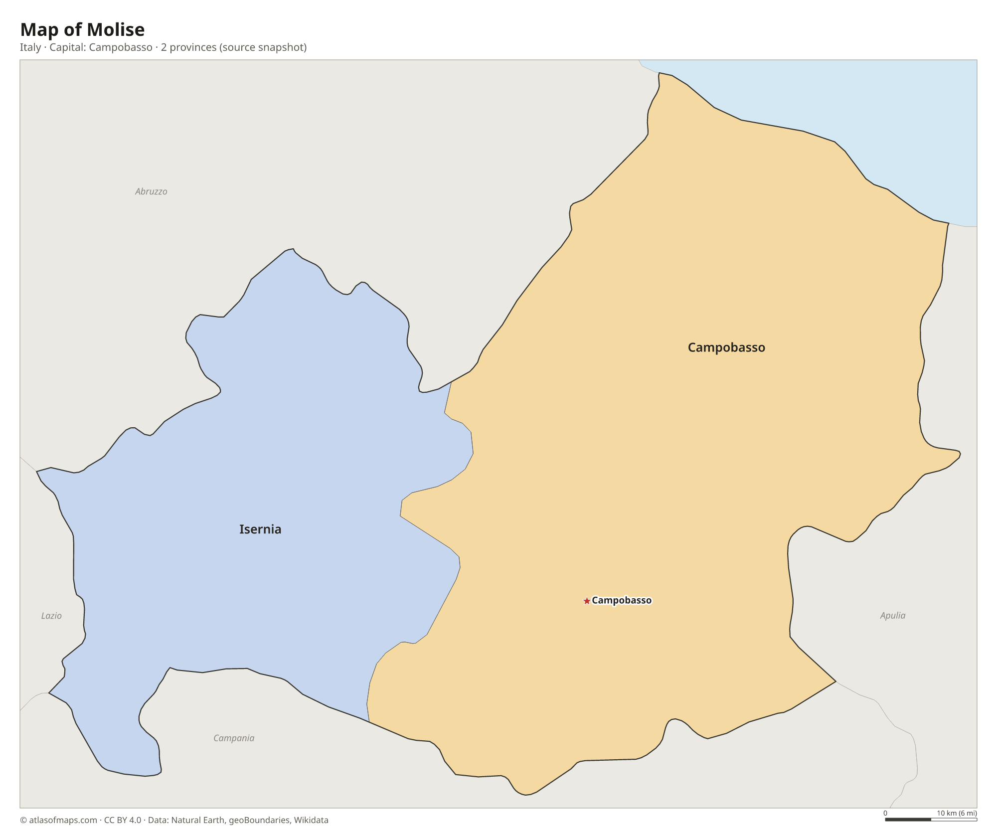 Map of Molise with the capital Campobasso, cities and provinces
