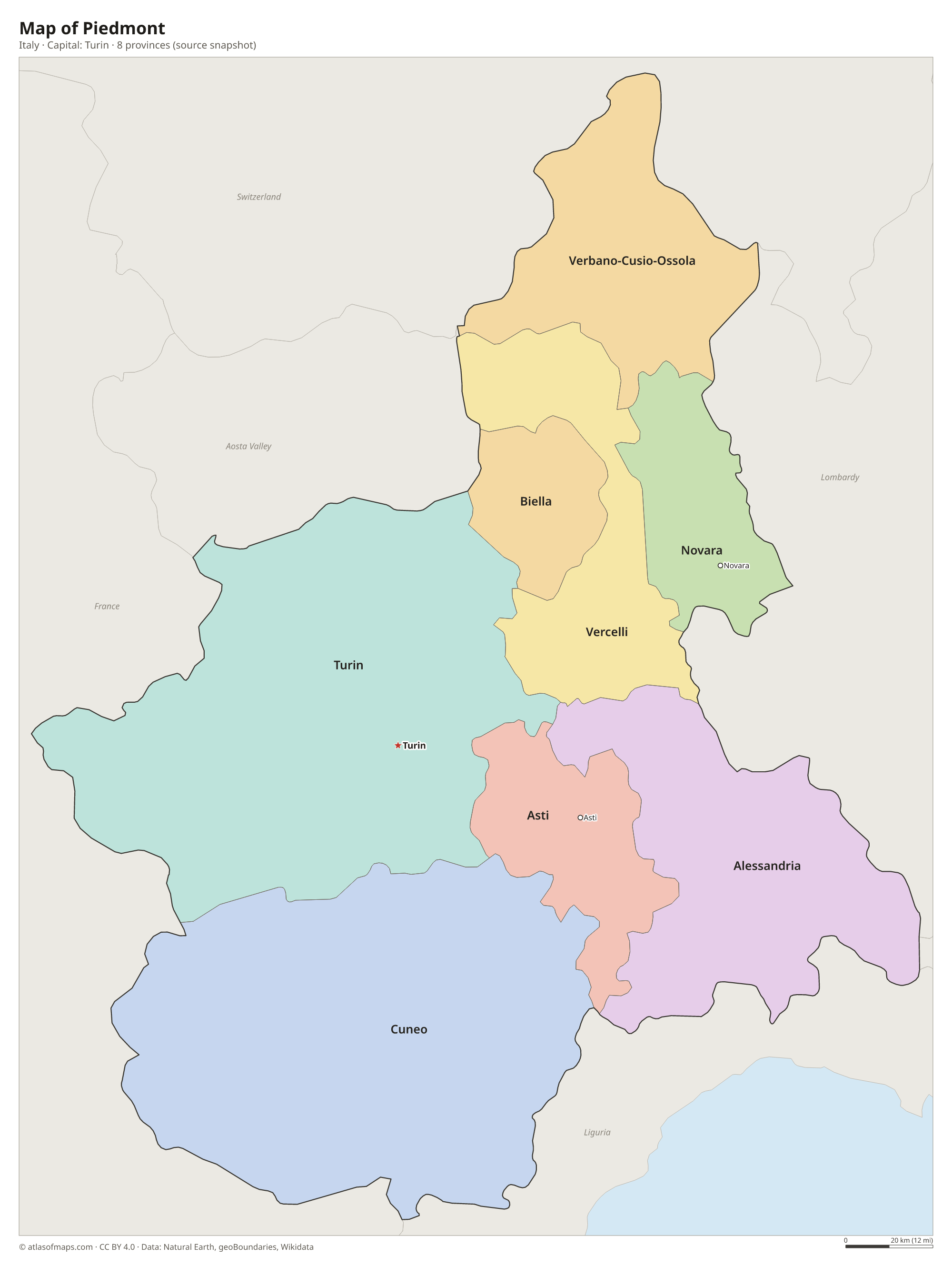 Map of Piedmont with the capital Turin, cities and provinces