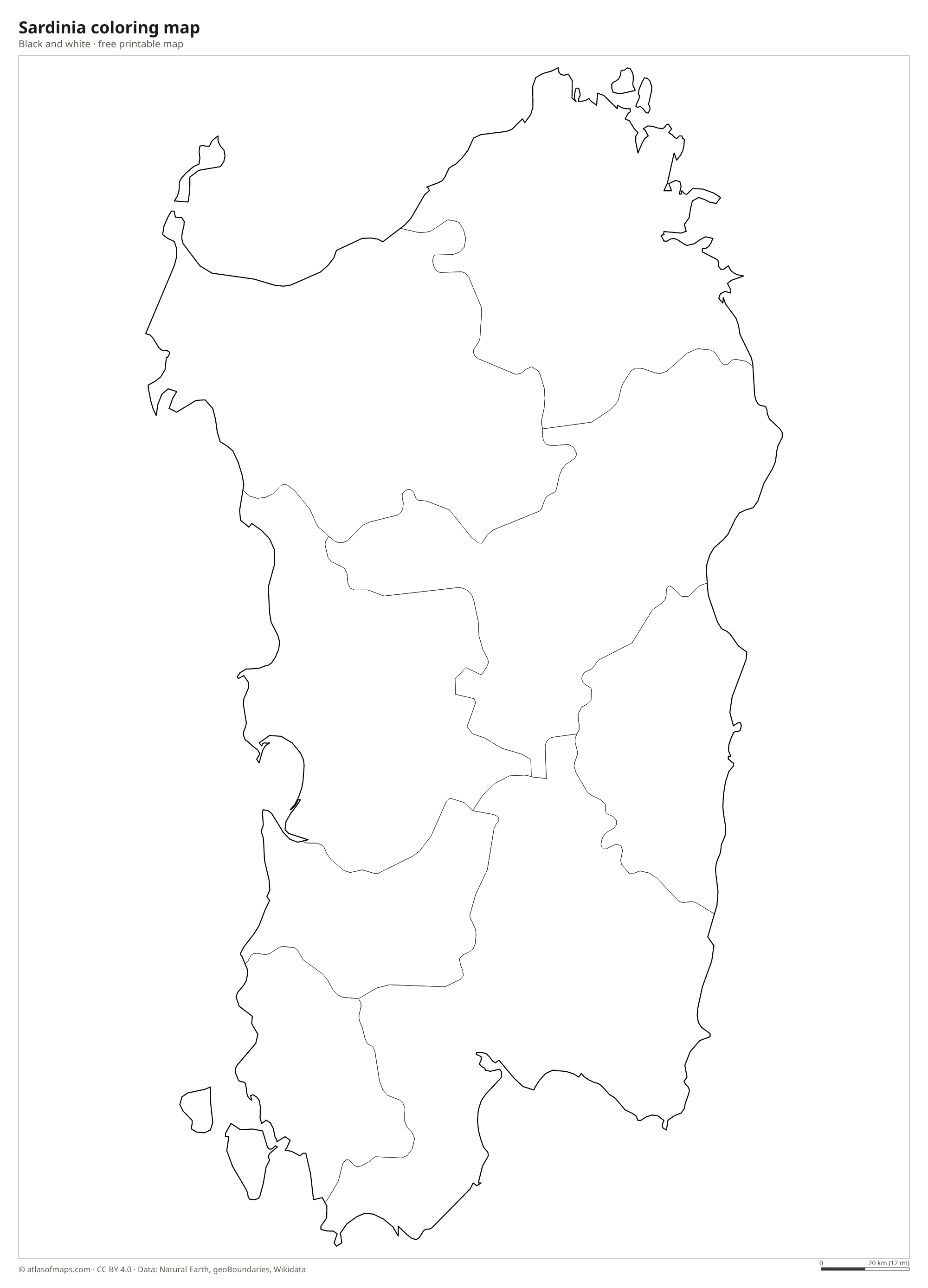 Black-and-white coloring map of Sardinia