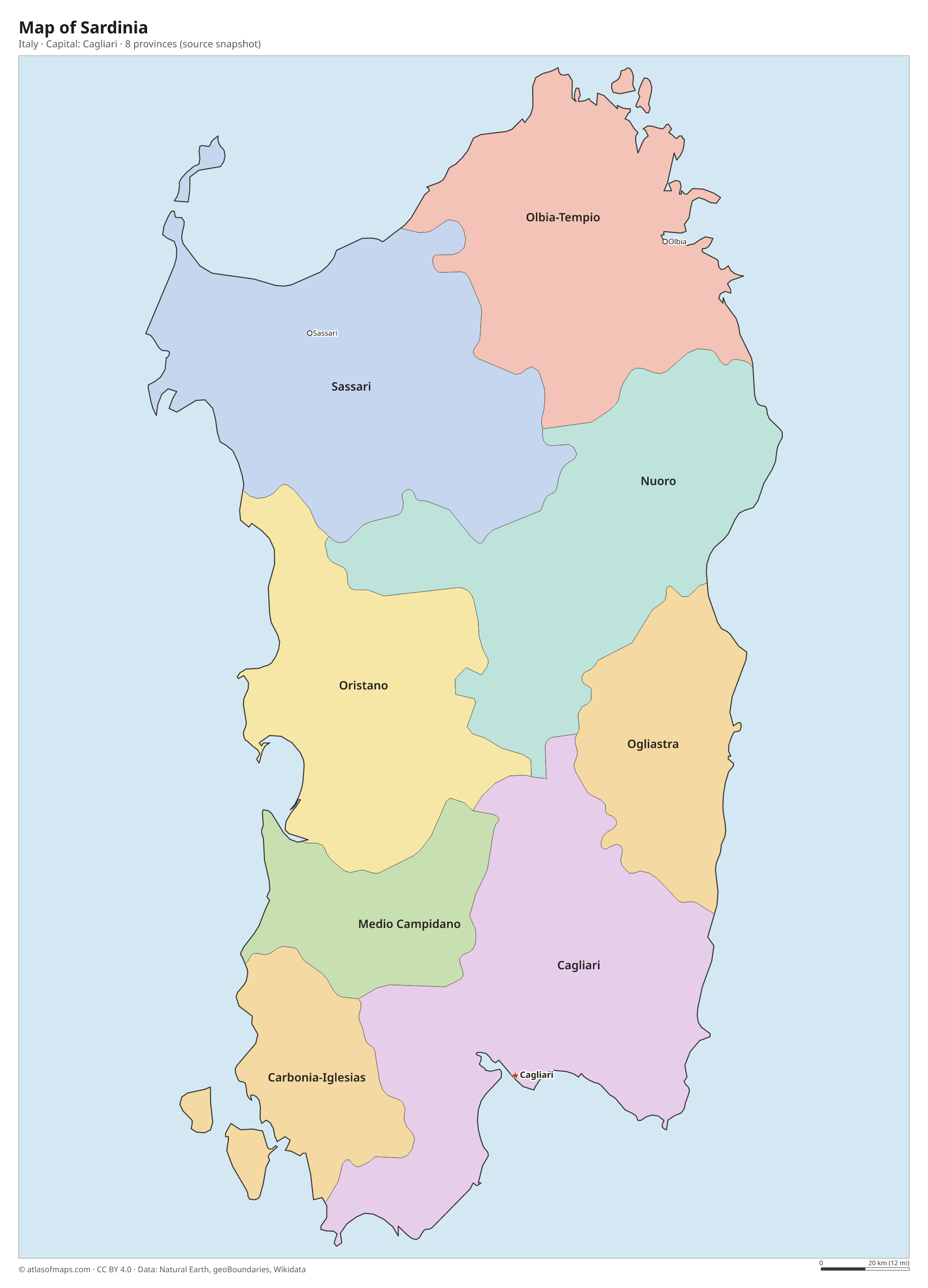 Map of Sardinia with the capital Cagliari, cities and provinces