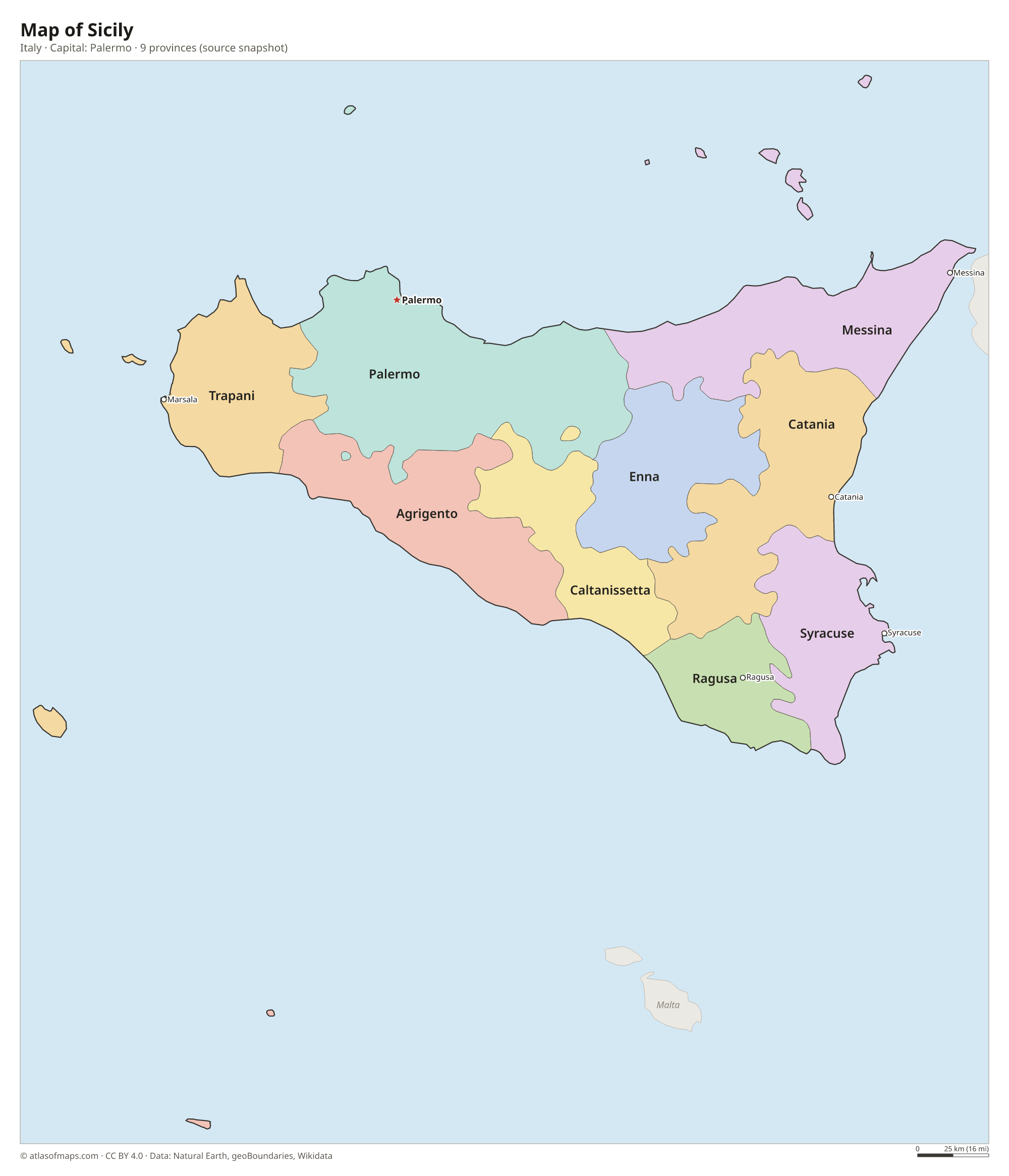 Map of Sicily with the capital Palermo, cities and provinces