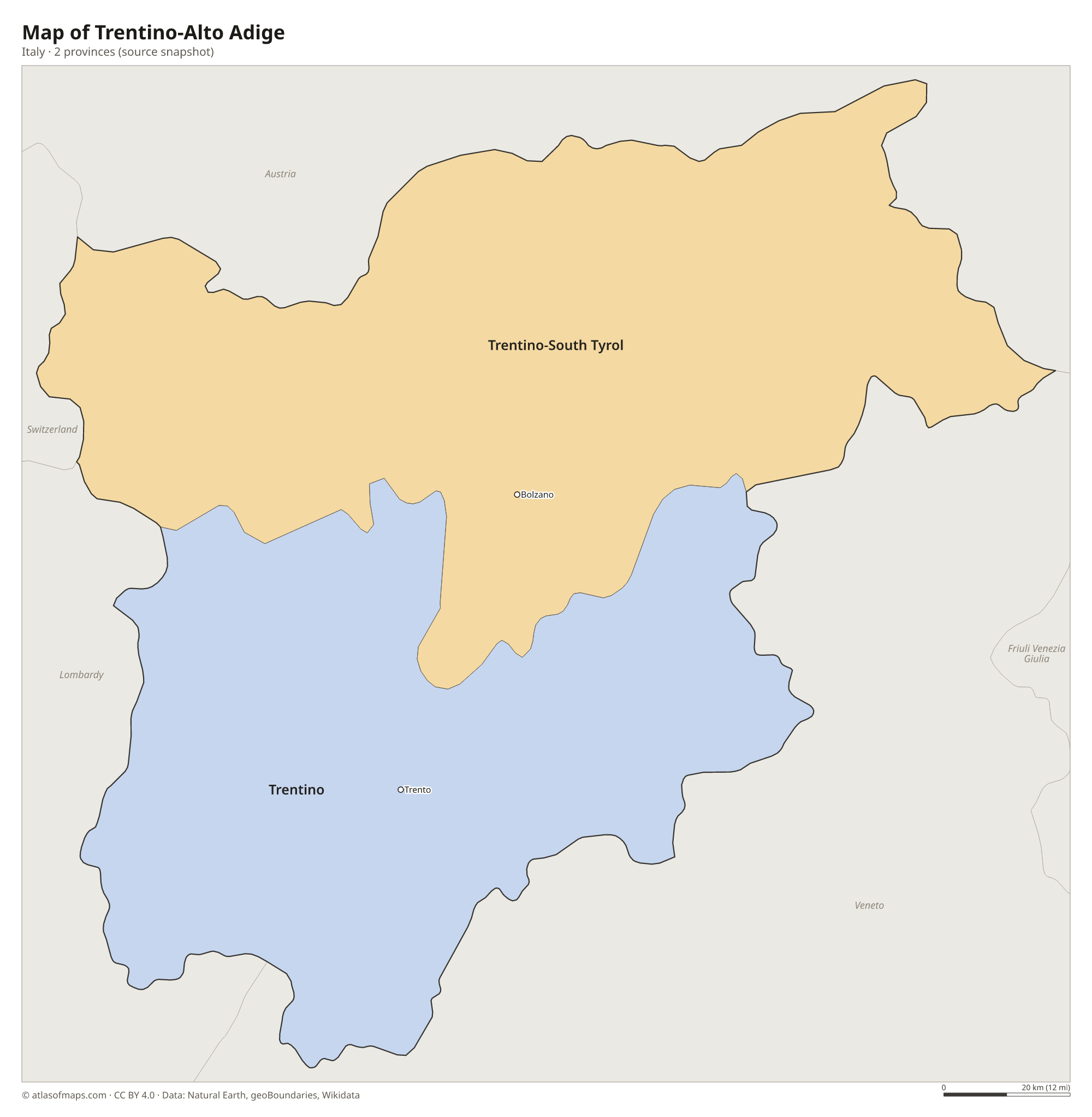 Map of Trentino-Alto Adige, cities and provinces