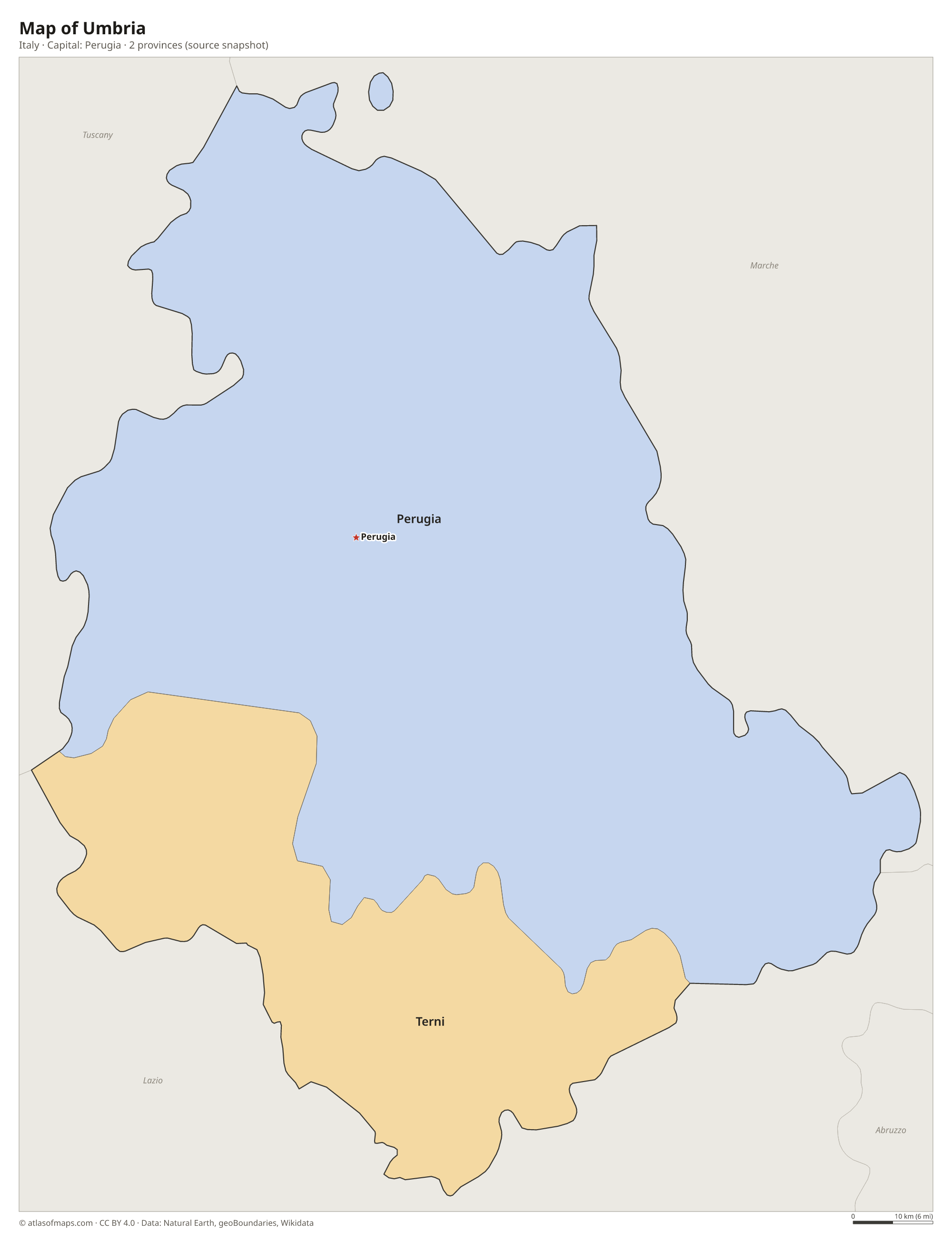 Map of Umbria with the capital Perugia, cities and provinces