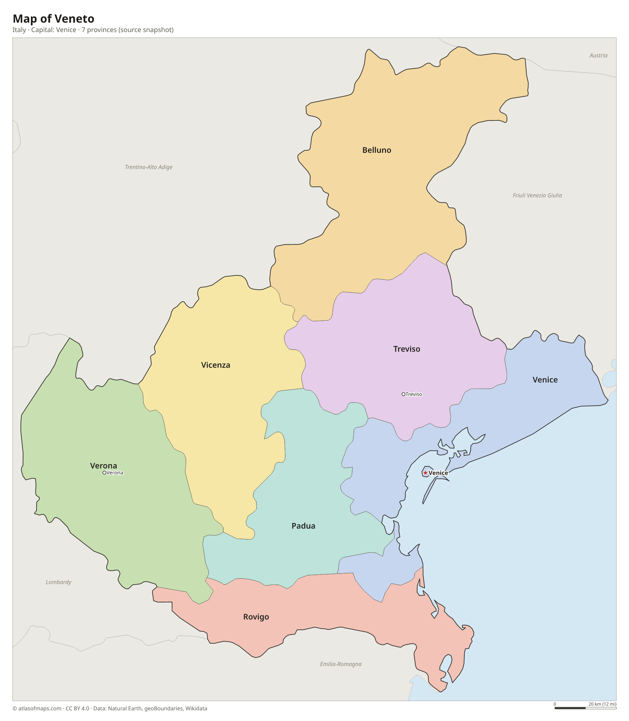 Map of Veneto with the capital Venice, cities and provinces