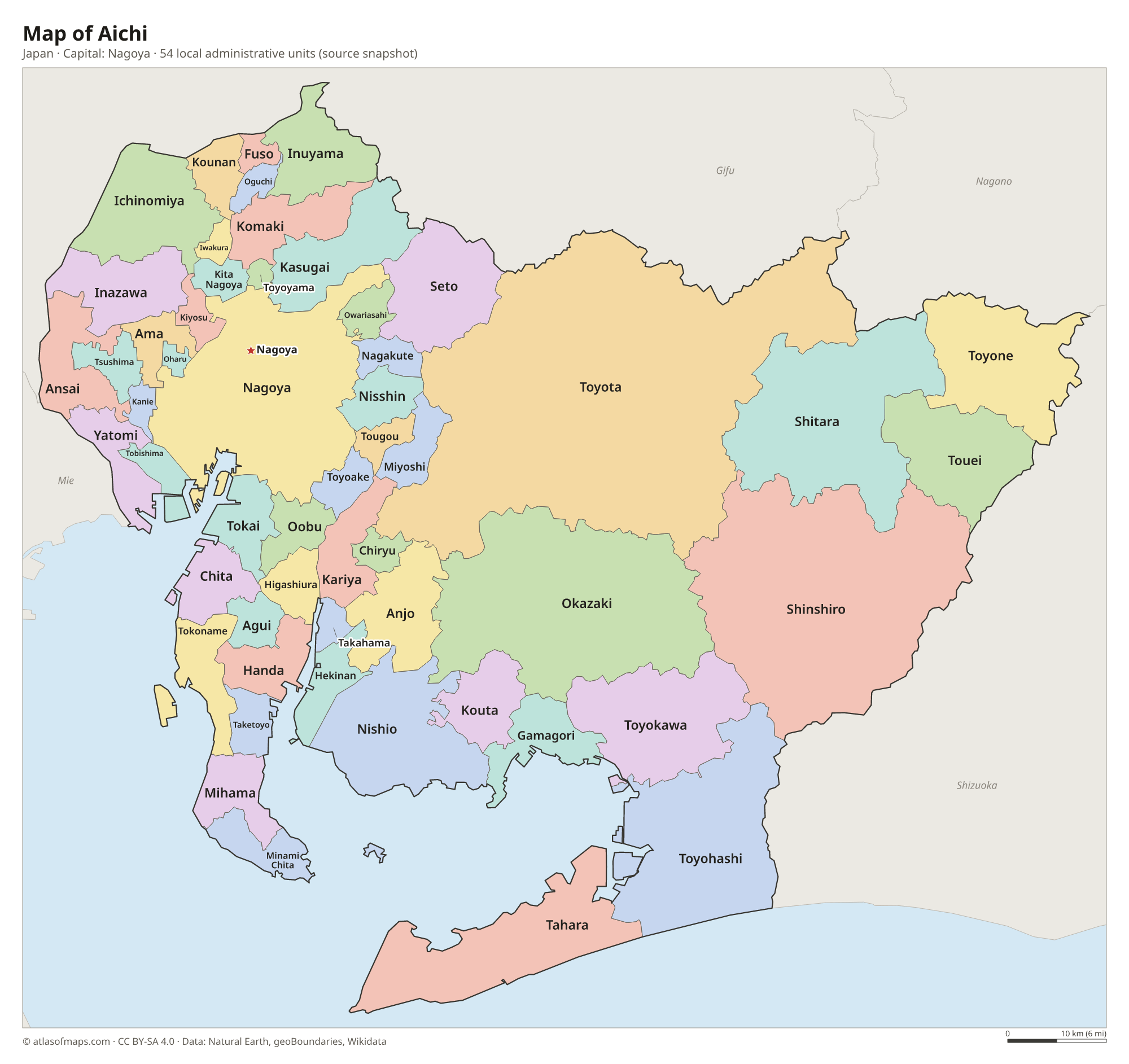 Map of Aichi with the capital Nagoya, cities and local administrative units