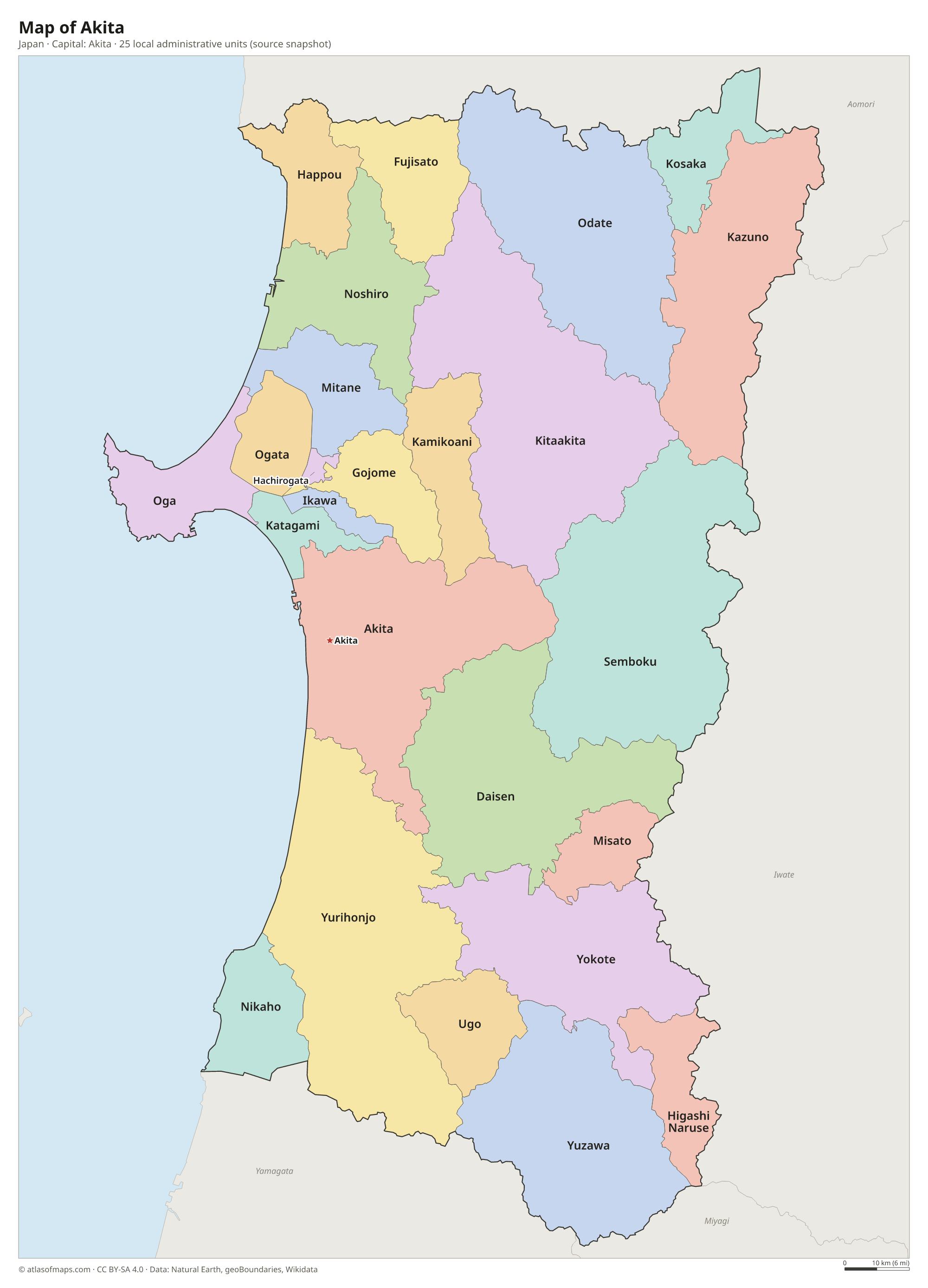 Map of Akita with the capital Akita, cities and local administrative units