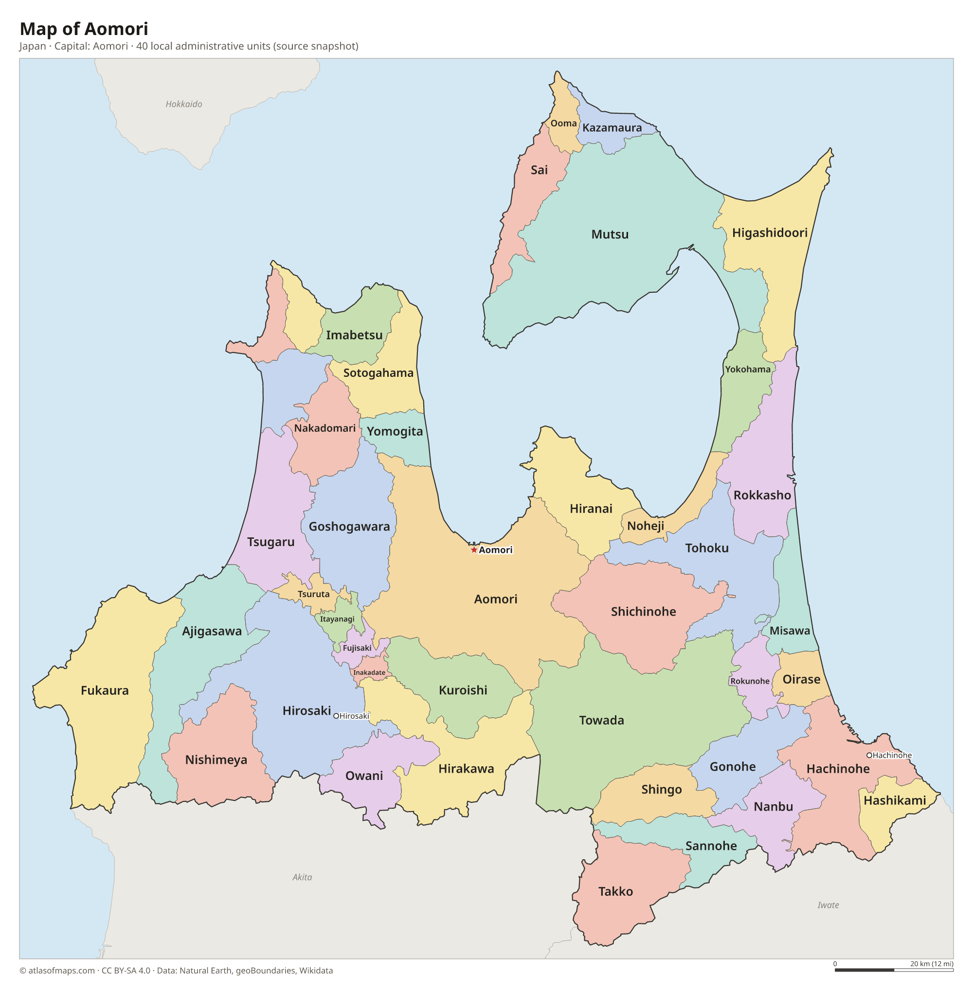 Map of Aomori with the capital Aomori, cities and local administrative units