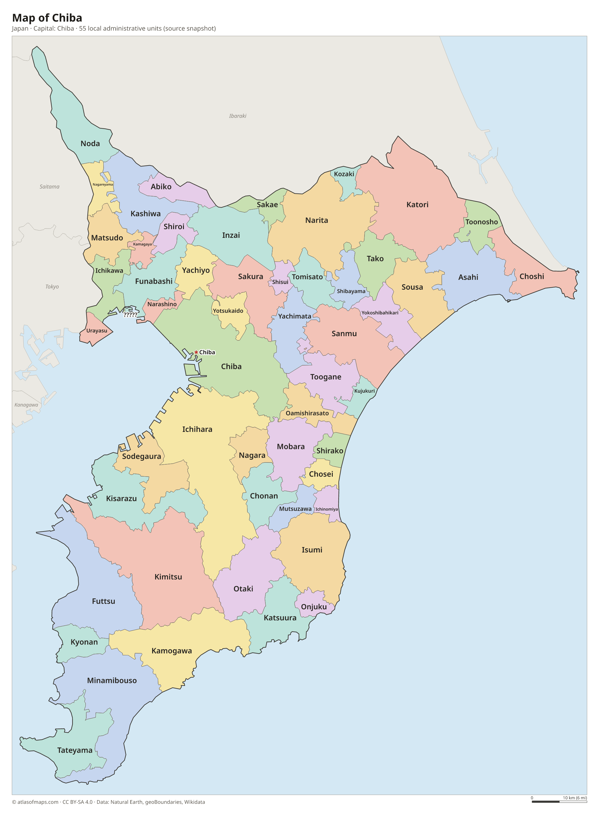 Map of Chiba with the capital Chiba, cities and local administrative units