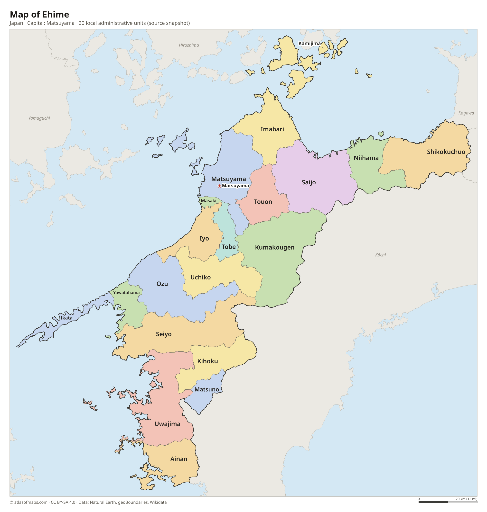 Map of Ehime with the capital Matsuyama, cities and local administrative units