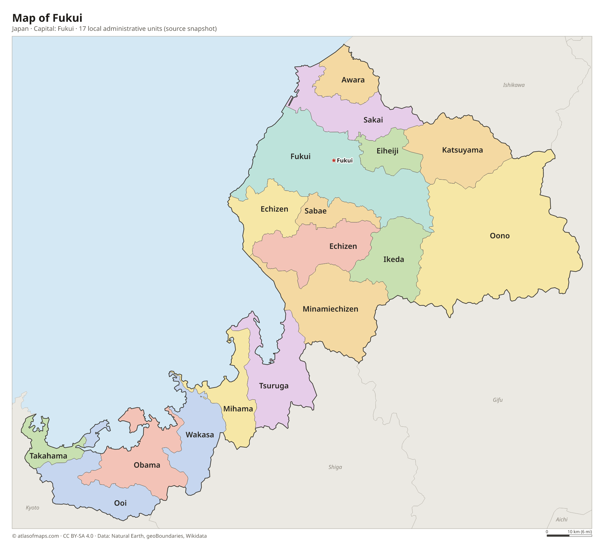 Map of Fukui with the capital Fukui, cities and local administrative units