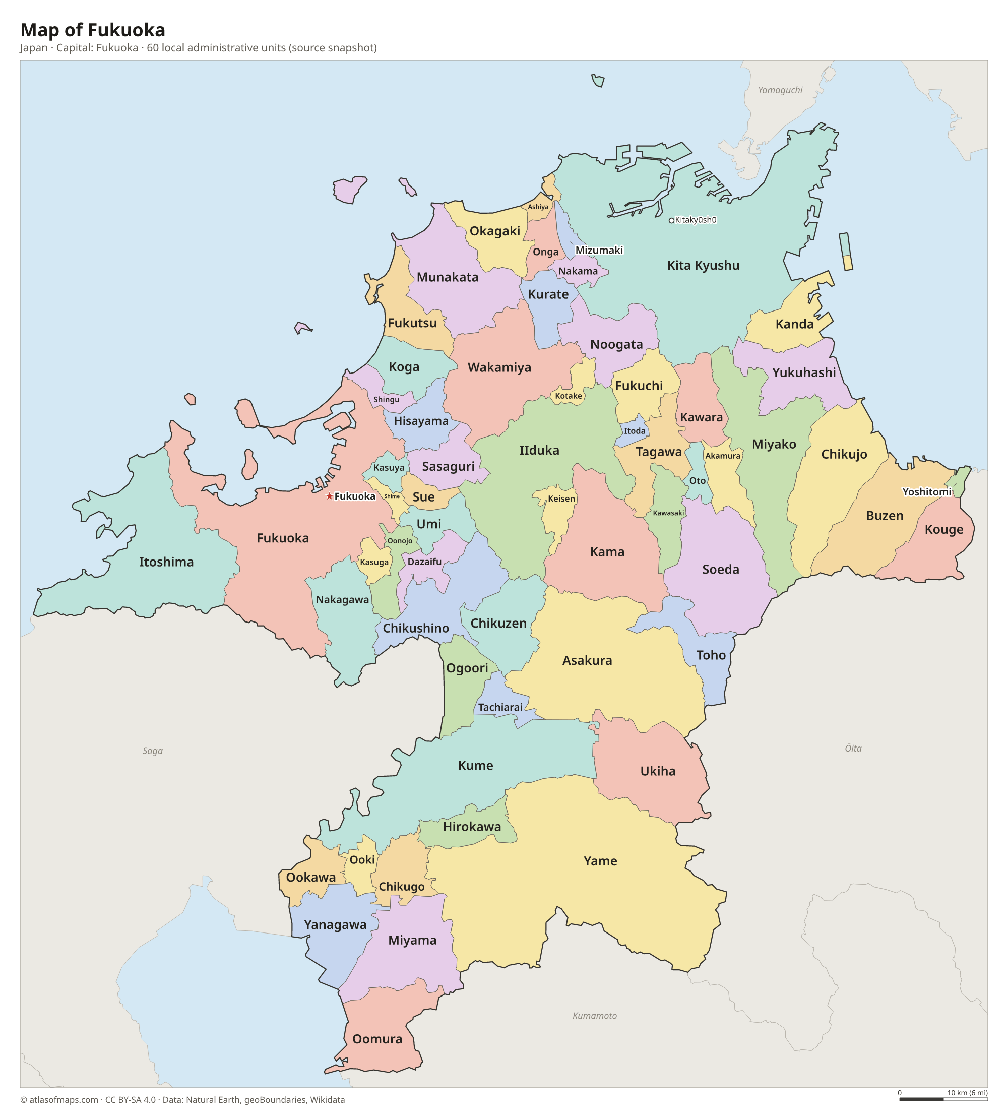 Map of Fukuoka with the capital Fukuoka, cities and local administrative units