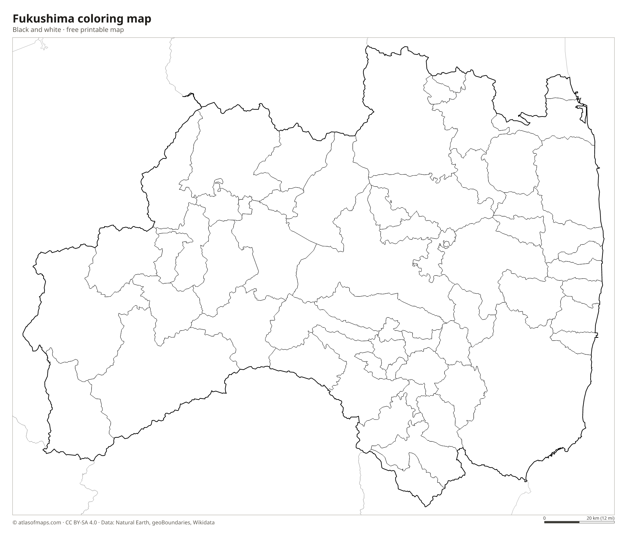 Black-and-white coloring map of Fukushima
