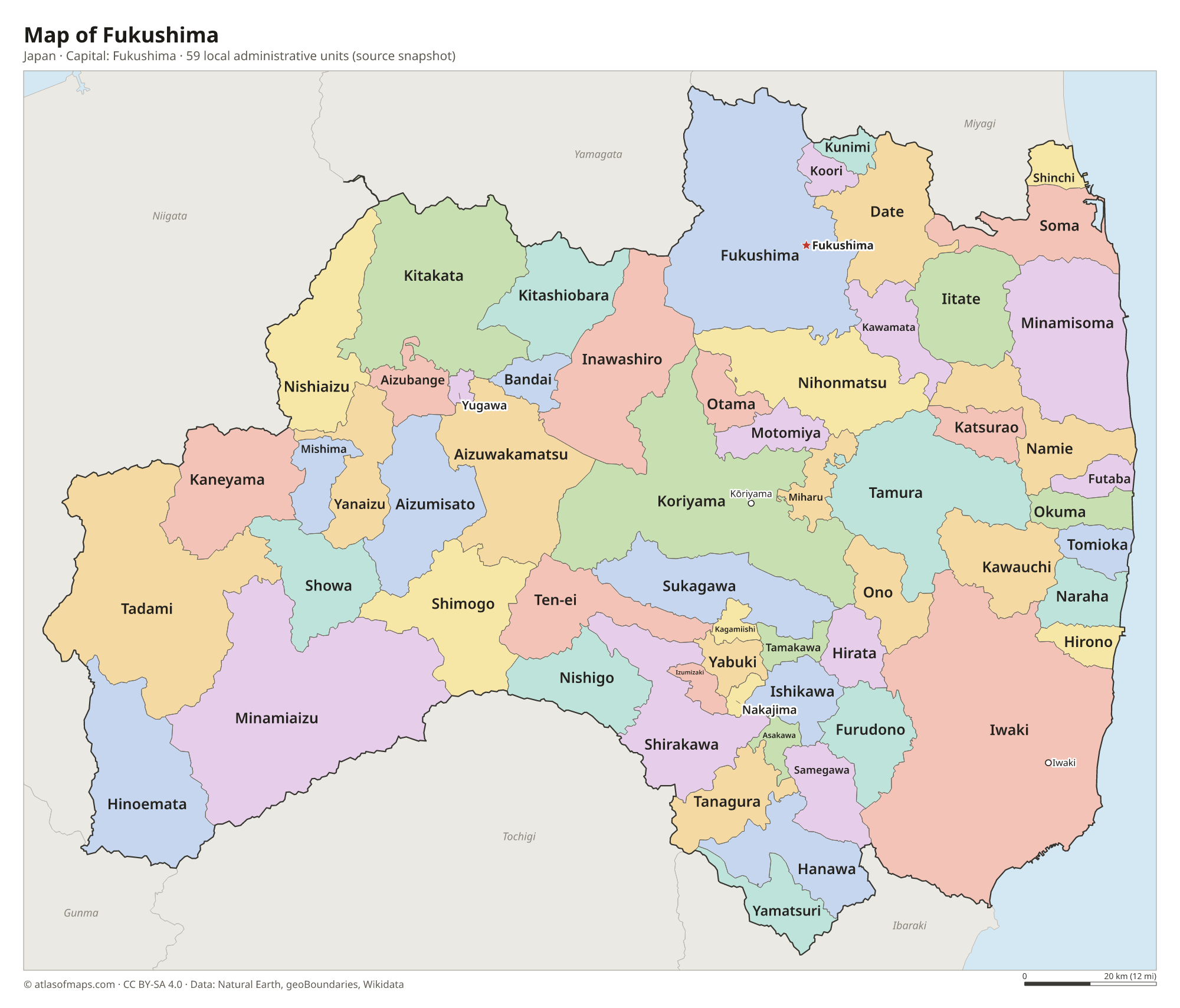 Map of Fukushima with the capital Fukushima, cities and local administrative units
