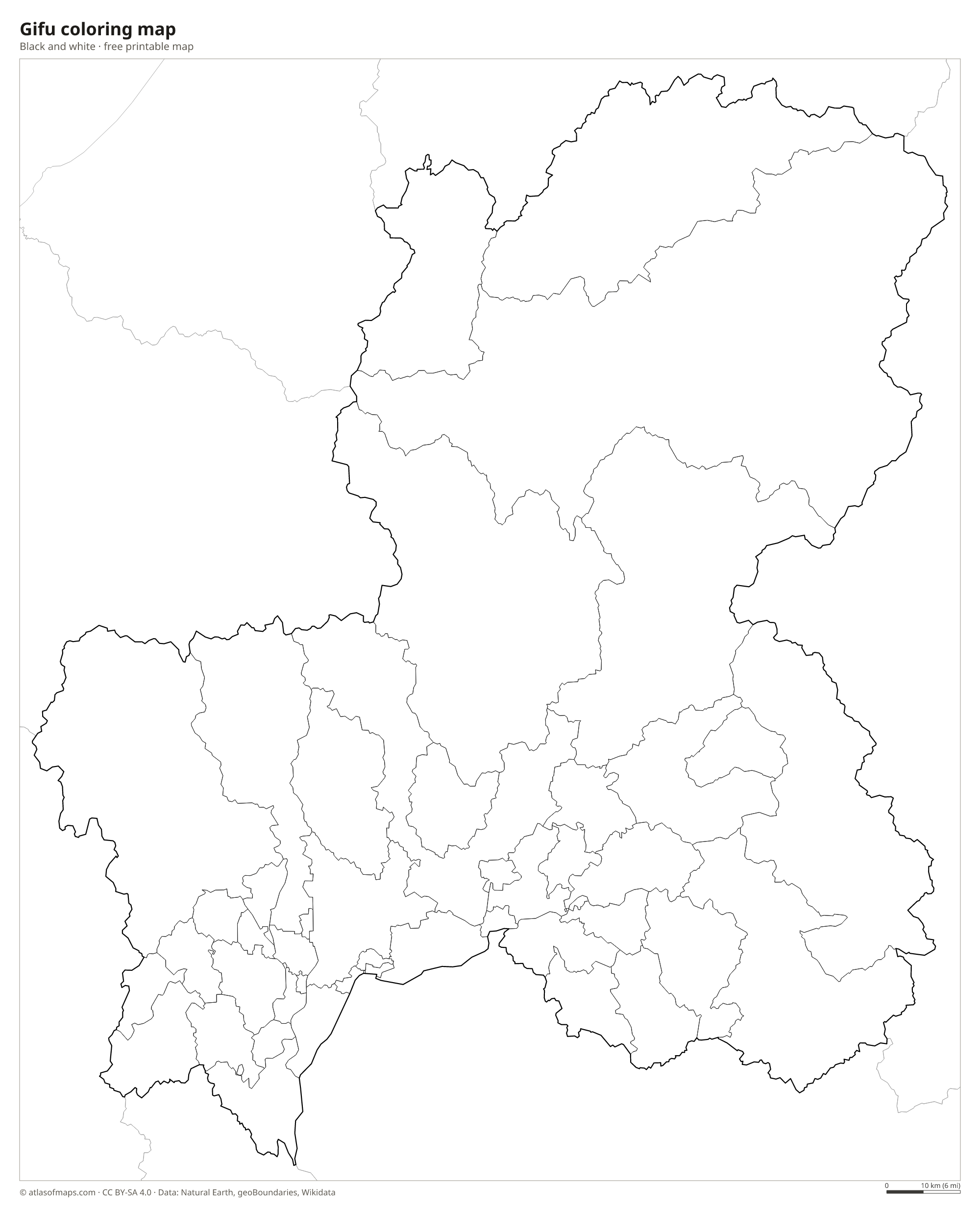 Black-and-white coloring map of Gifu