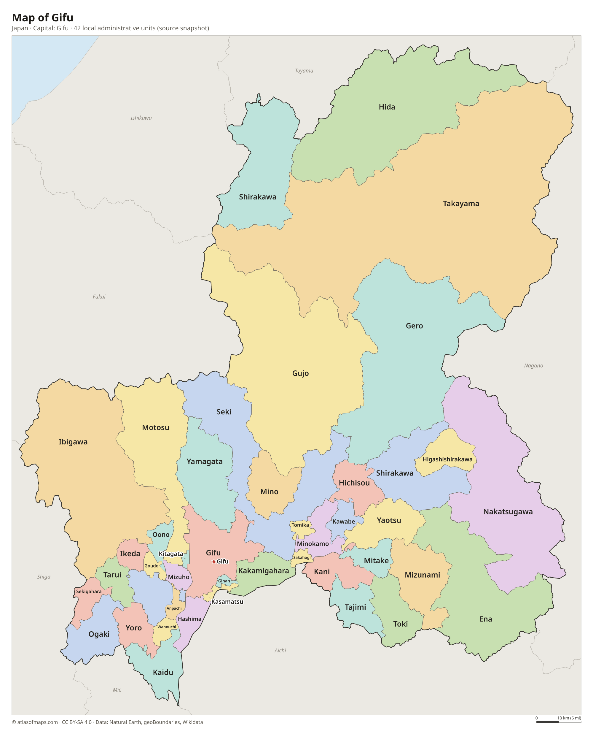 Map of Gifu with the capital Gifu, cities and local administrative units