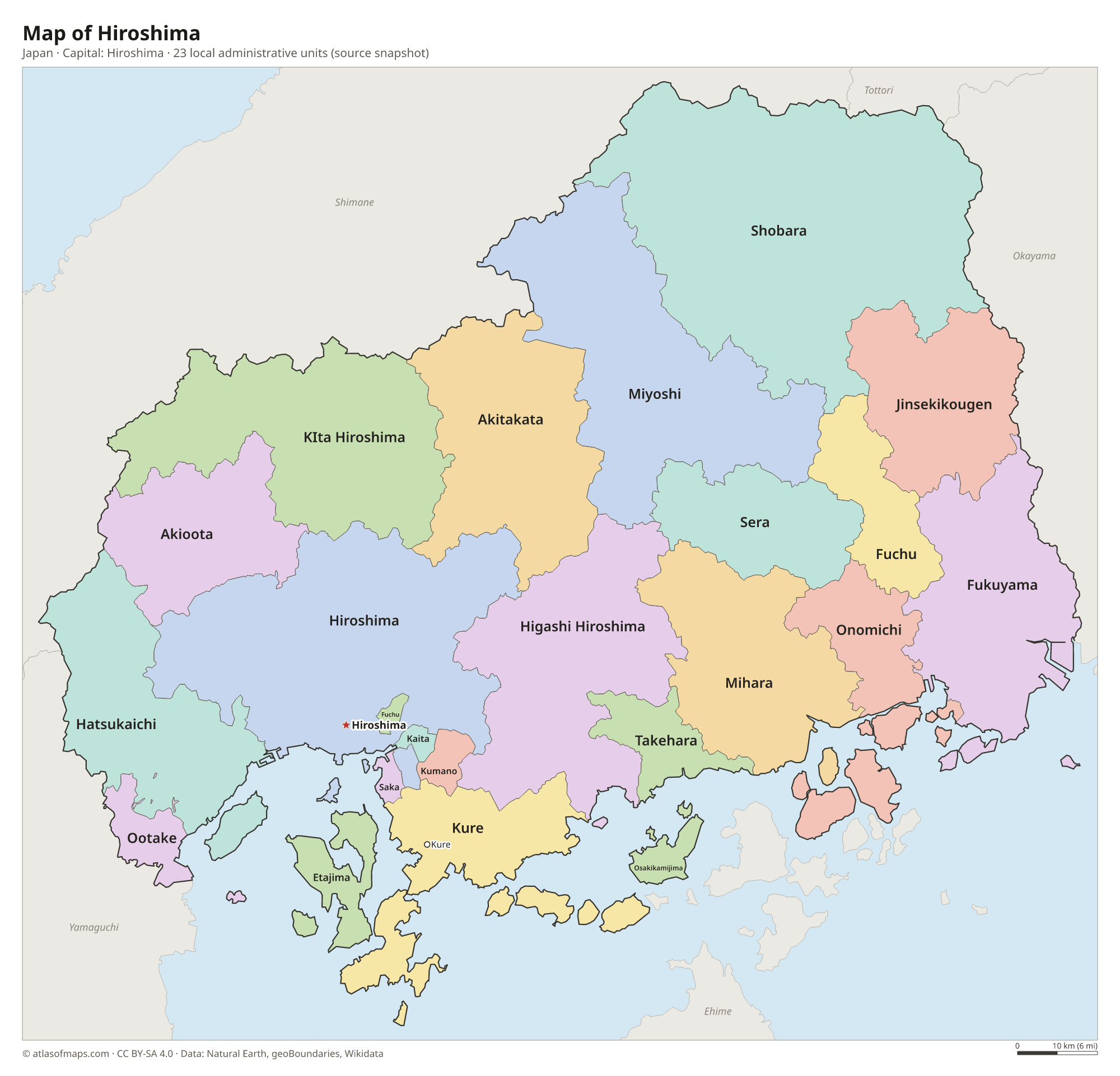 Map of Hiroshima with the capital Hiroshima, cities and local administrative units