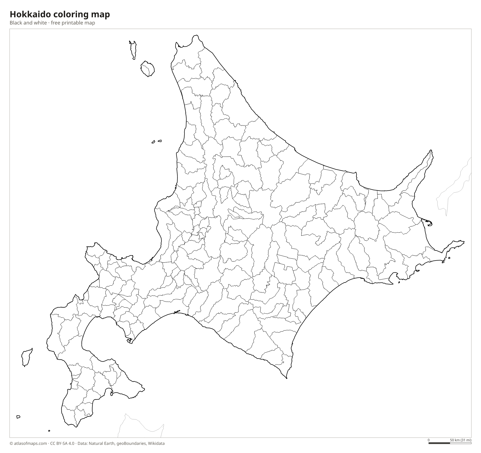 Black-and-white coloring map of Hokkaido