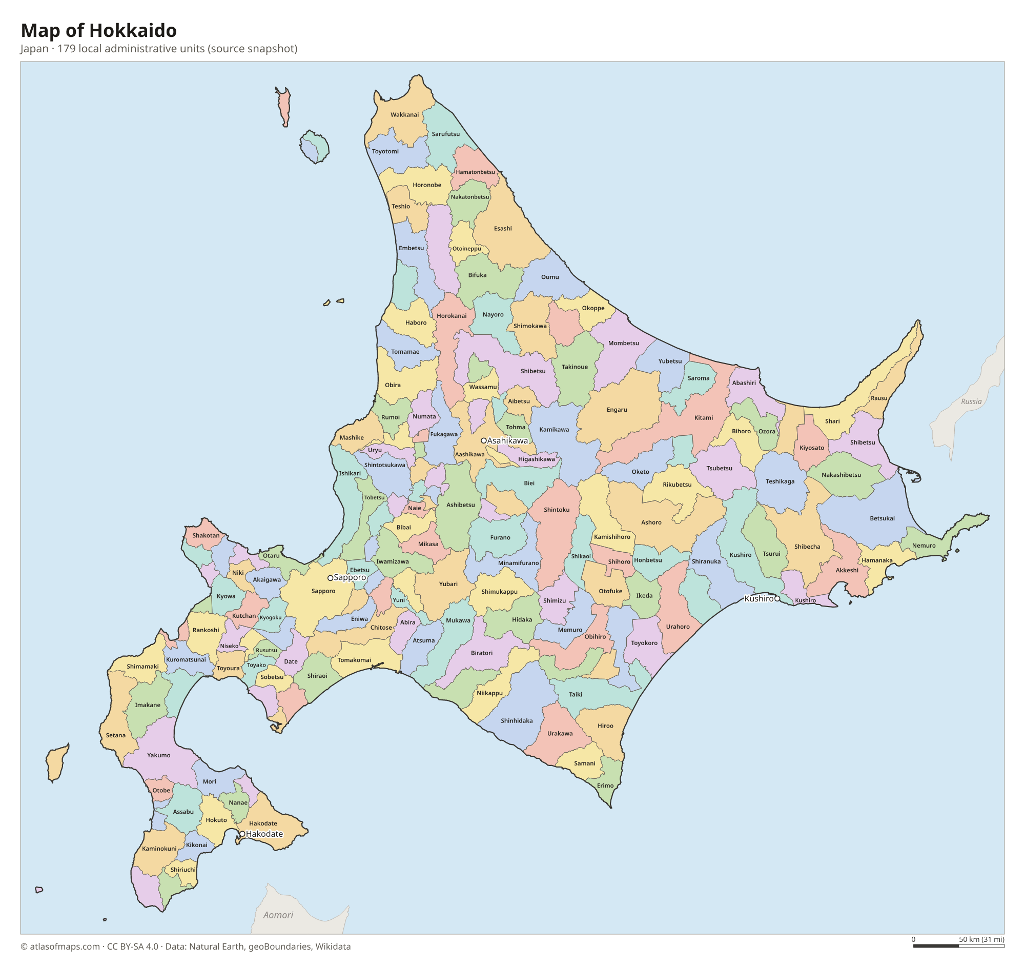 Map of Hokkaido, cities and local administrative units