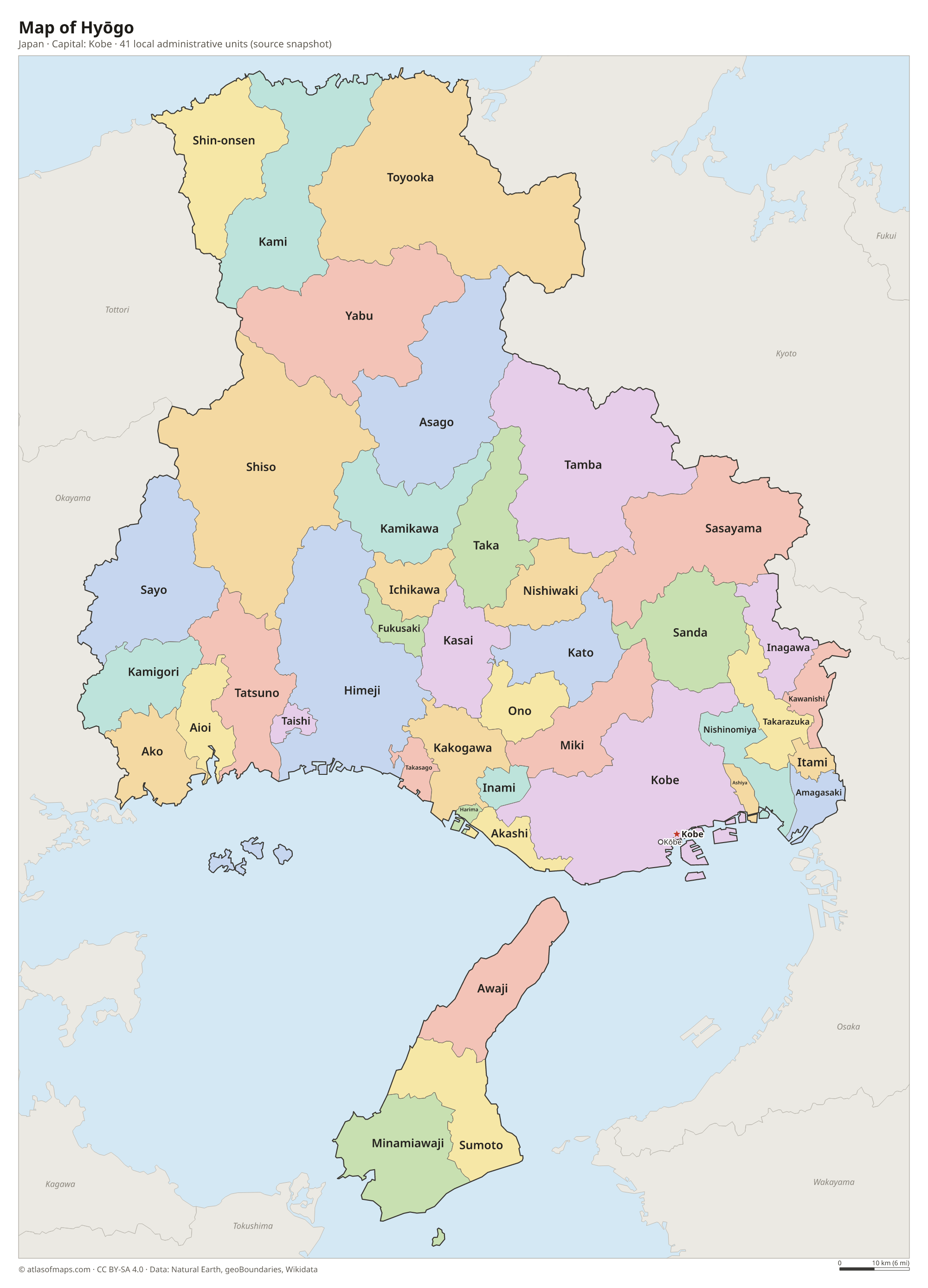 Map of Hyōgo with the capital Kobe, cities and local administrative units