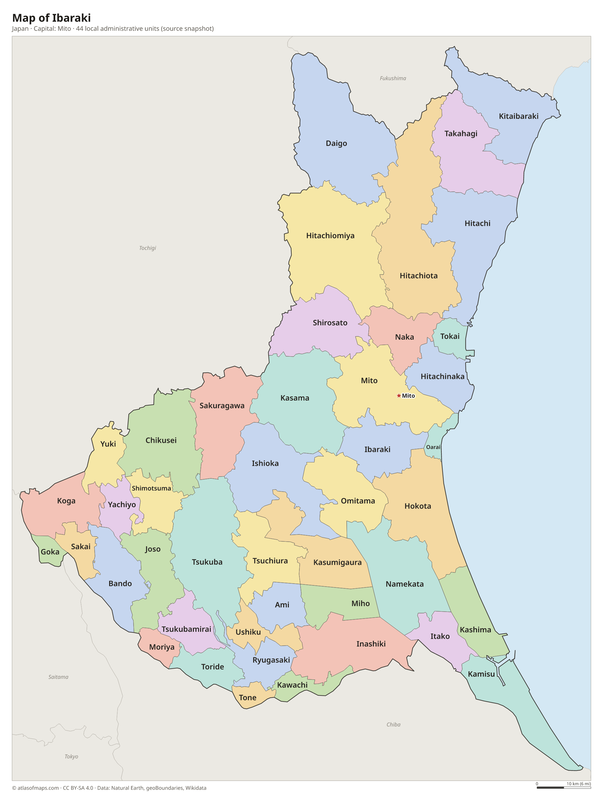 Map of Ibaraki with the capital Mito, cities and local administrative units